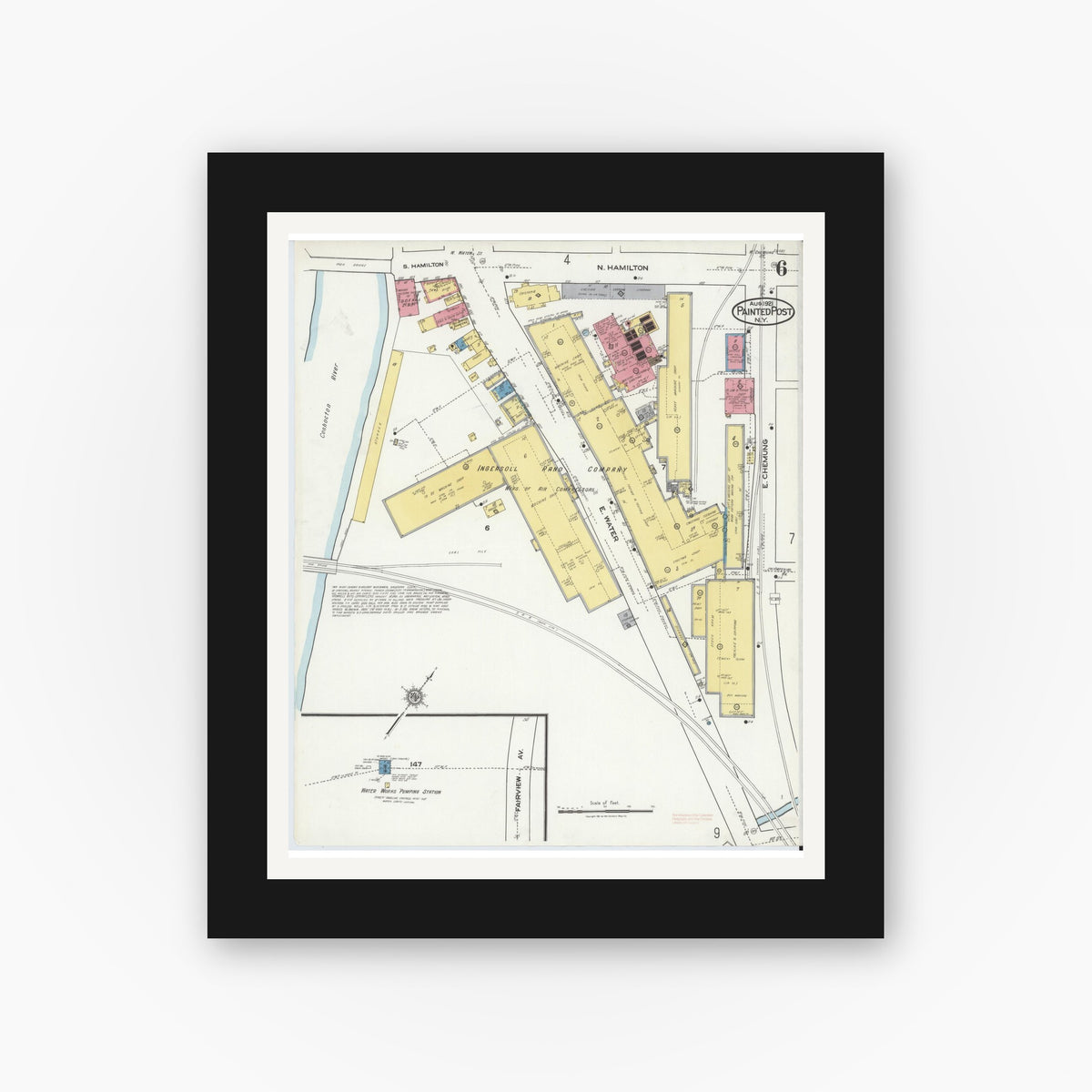 Old map wall art mockup — black gallery frame with white mat — Sanborn Fire Insurance Map from Painted Post, Steuben County, New York (1921), Sheet #0006