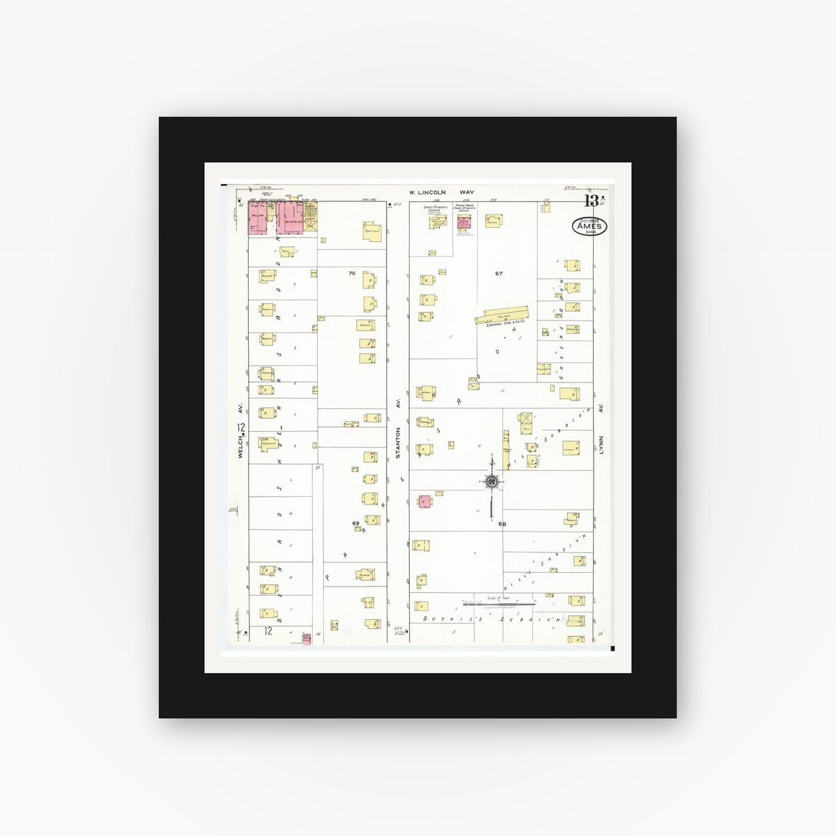 Old map wall art mockup — black gallery frame with white mat — Sanborn Fire Insurance Map from Ames, Story County, Iowa (1920), Sheet #0013