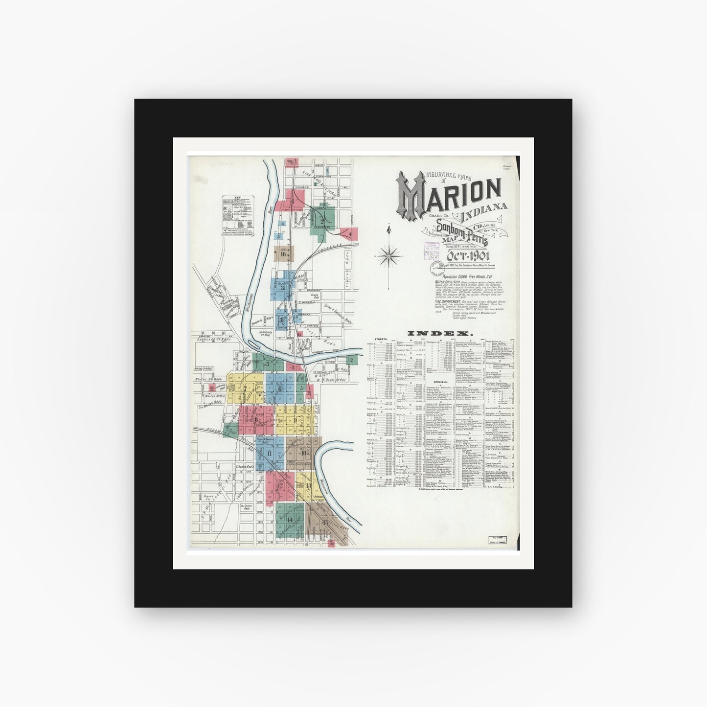 Old map wall art mockup — black gallery frame with white mat — Sanborn Fire Insurance Map from Marion, Grant County, Indiana (1901), Sheet #0001