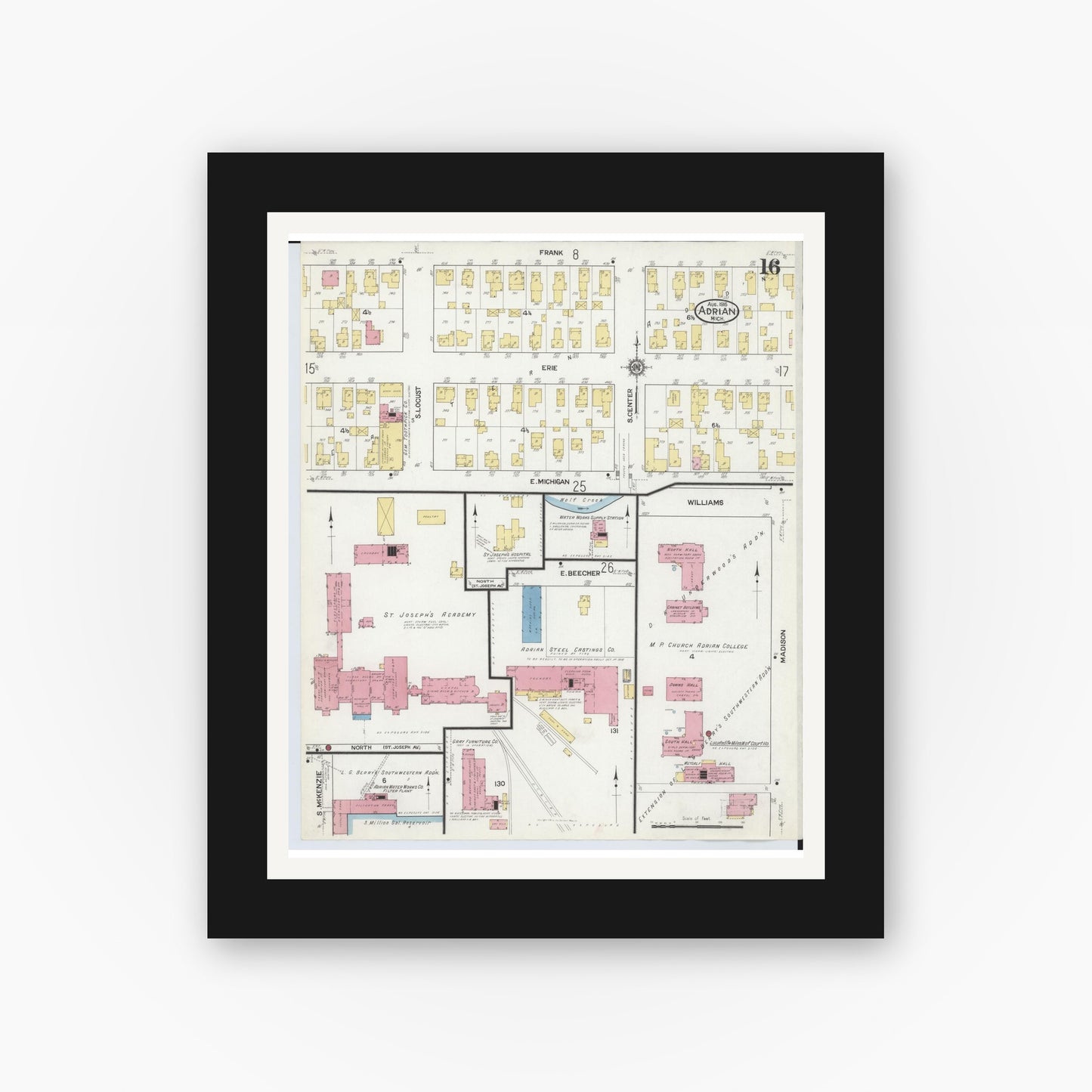 Old map wall art mockup — black gallery frame with white mat — Sanborn Fire Insurance Map from Adrian, Lenawee County, Michigan (1916), Sheet #0016