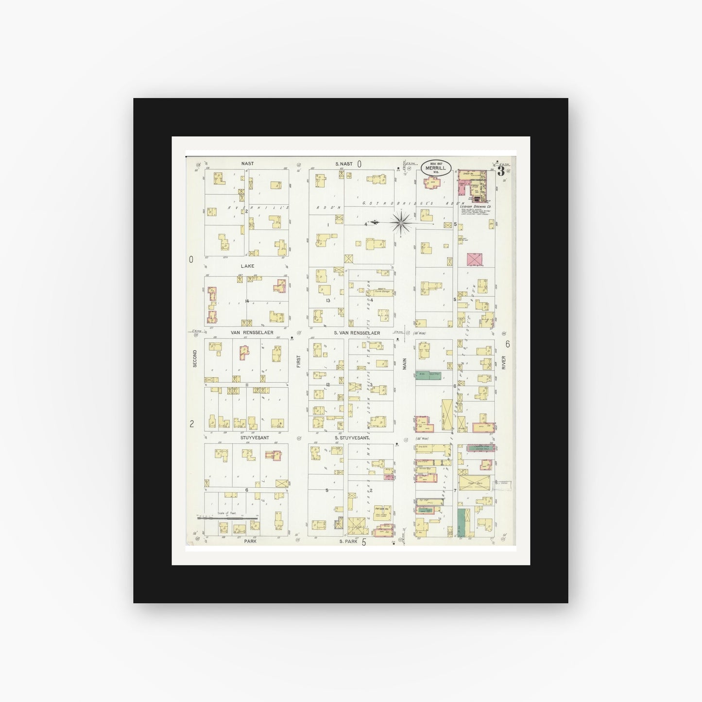 Old map wall art mockup — black gallery frame with white mat — Sanborn Fire Insurance Map from Merrill, Lincoln County, Wisconsin (1907), Sheet #0003