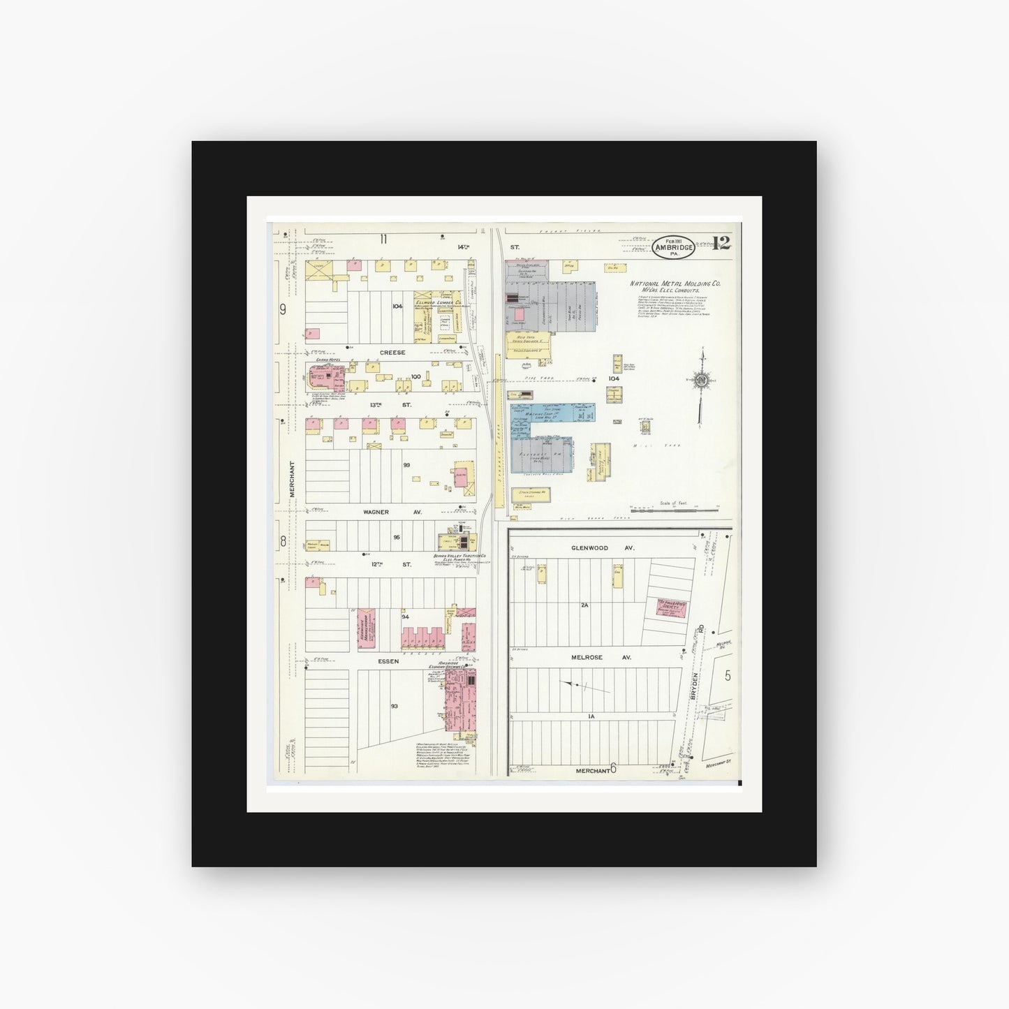 Old map wall art mockup — black gallery frame with white mat — Sanborn Fire Insurance Map from Ambridge, Beaver County, Pennsylvania (1911), Sheet #0012