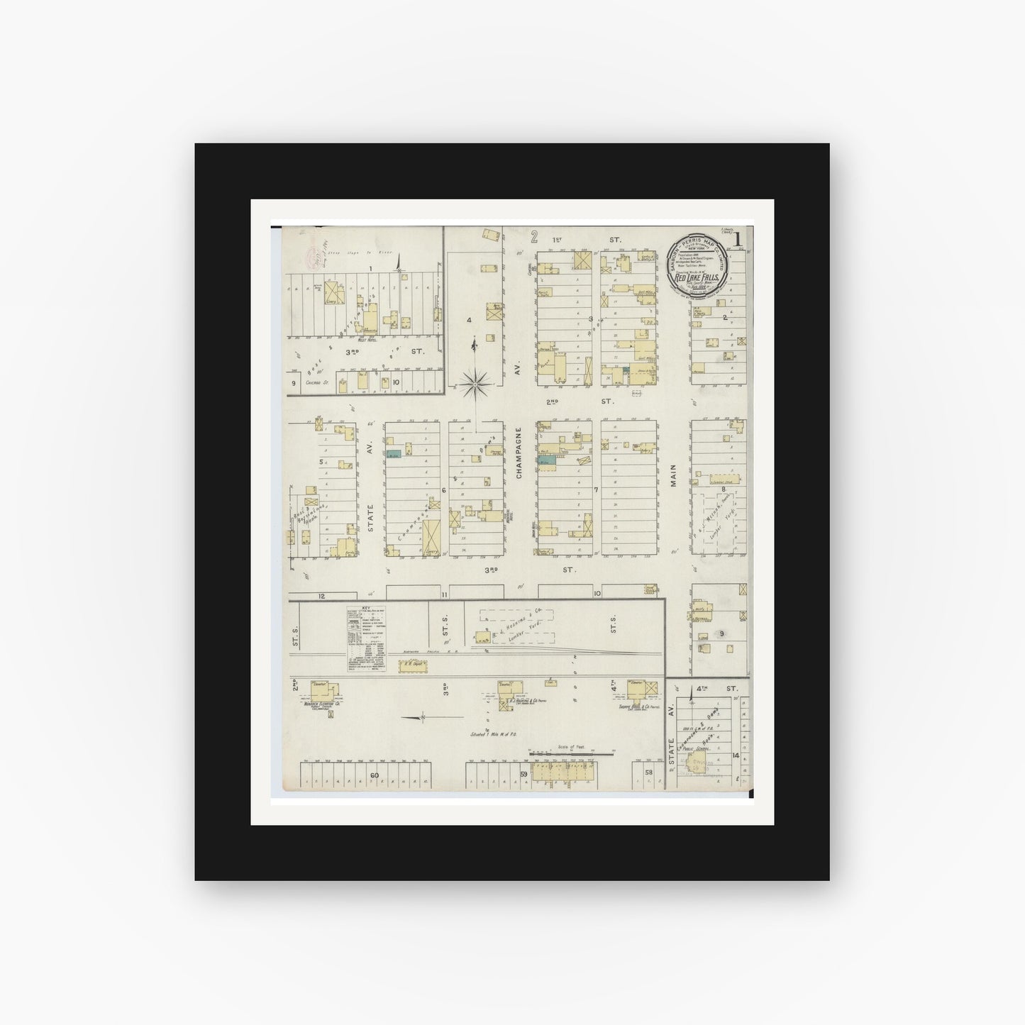 Old map wall art mockup — black gallery frame with white mat — Sanborn Fire Insurance Map from Red Lake Falls, Red Lake County, Minnesota (1894) - Complete Map Set