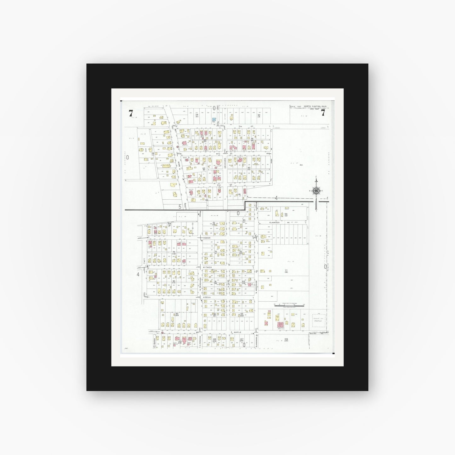 Old map wall art mockup — black gallery frame with white mat — Sanborn Fire Insurance Map from North Canton, Stark County, Ohio (1948), Sheet #0007