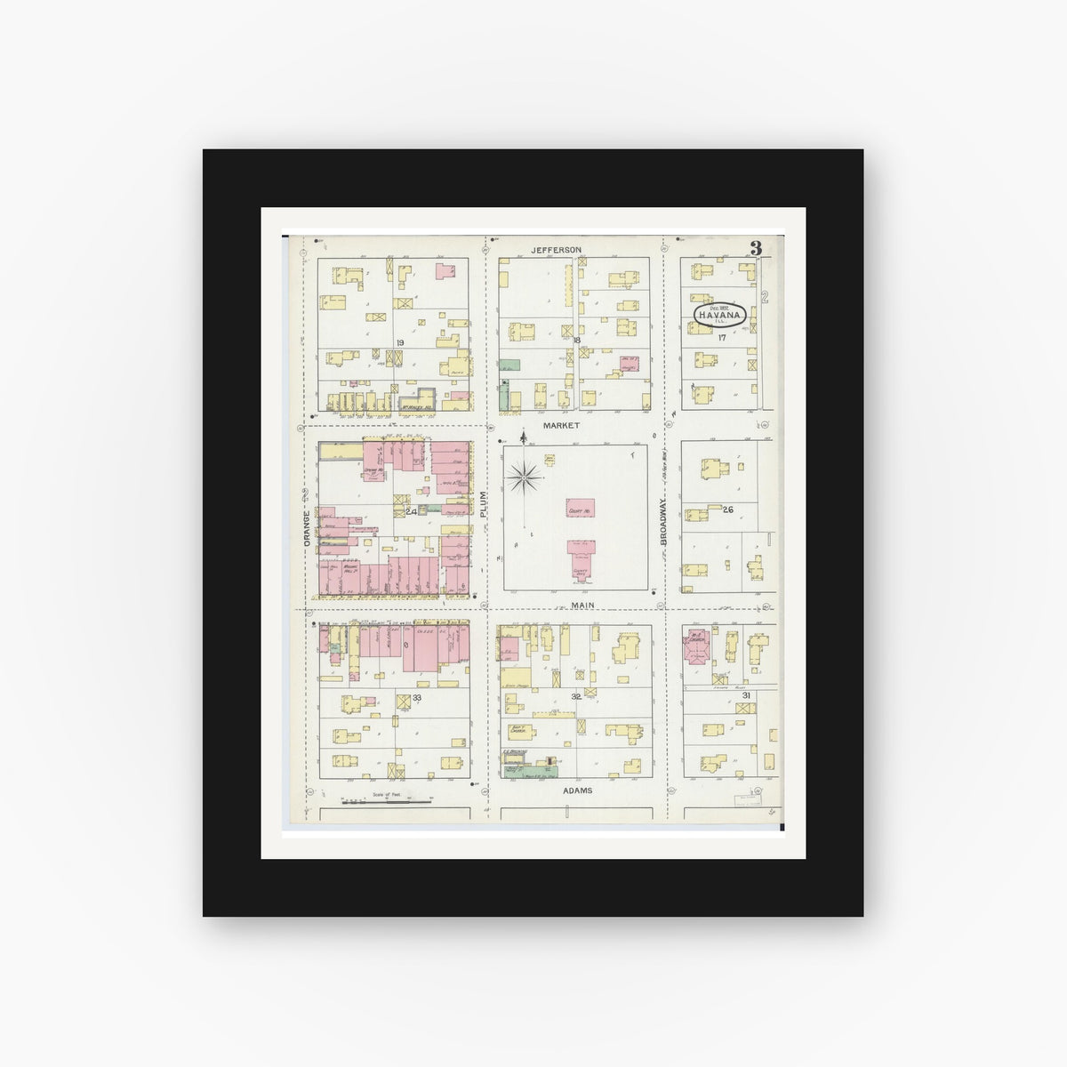 Old map wall art mockup — black gallery frame with white mat — Sanborn Fire Insurance Map from Havana, Mason County, Illinois (1892), Sheet #0003