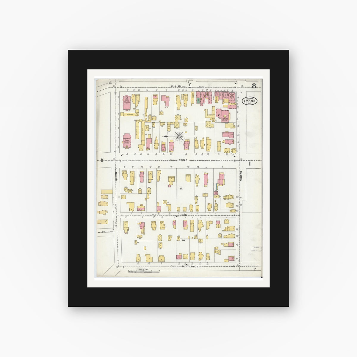 Old map wall art mockup — black gallery frame with white mat — Sanborn Fire Insurance Map from Lyons, Wayne County, New York (1904), Sheet #0008