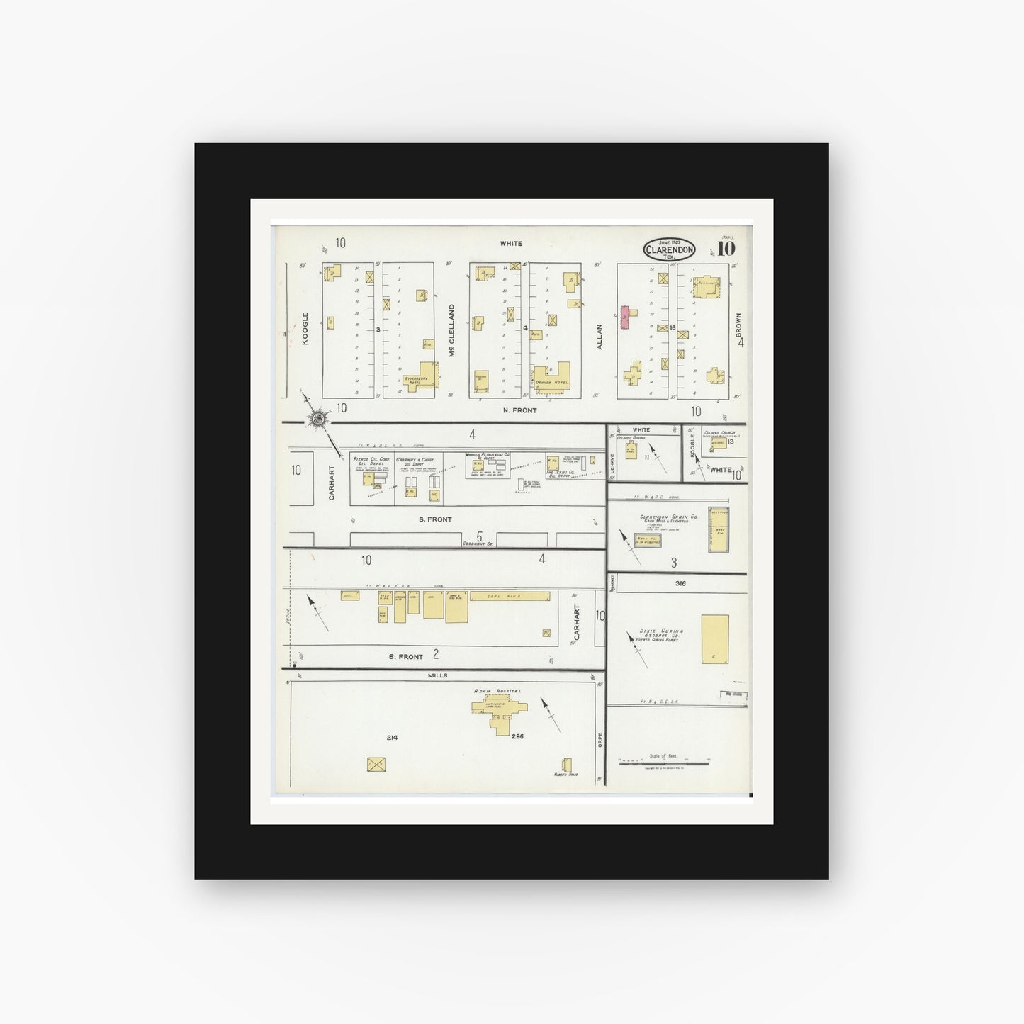 Old map wall art mockup — black gallery frame with white mat — Sanborn Fire Insurance Map from Clarendon, Donley County, Texas (1921), Sheet #0010