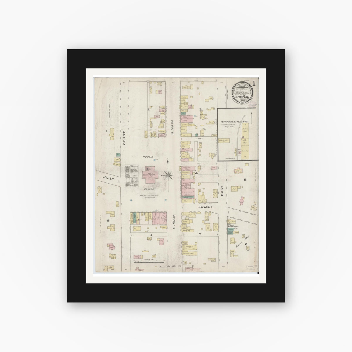 Old map wall art mockup — black gallery frame with white mat — Sanborn Fire Insurance Map from Crown Point, Lake County, Indiana (1886) - Complete Map Set