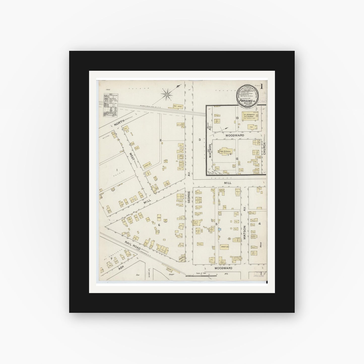 Old map wall art mockup — black gallery frame with white mat — Sanborn Fire Insurance Map from Parsons, Luzerne County, Pennsylvania (1888) - Complete Map Set