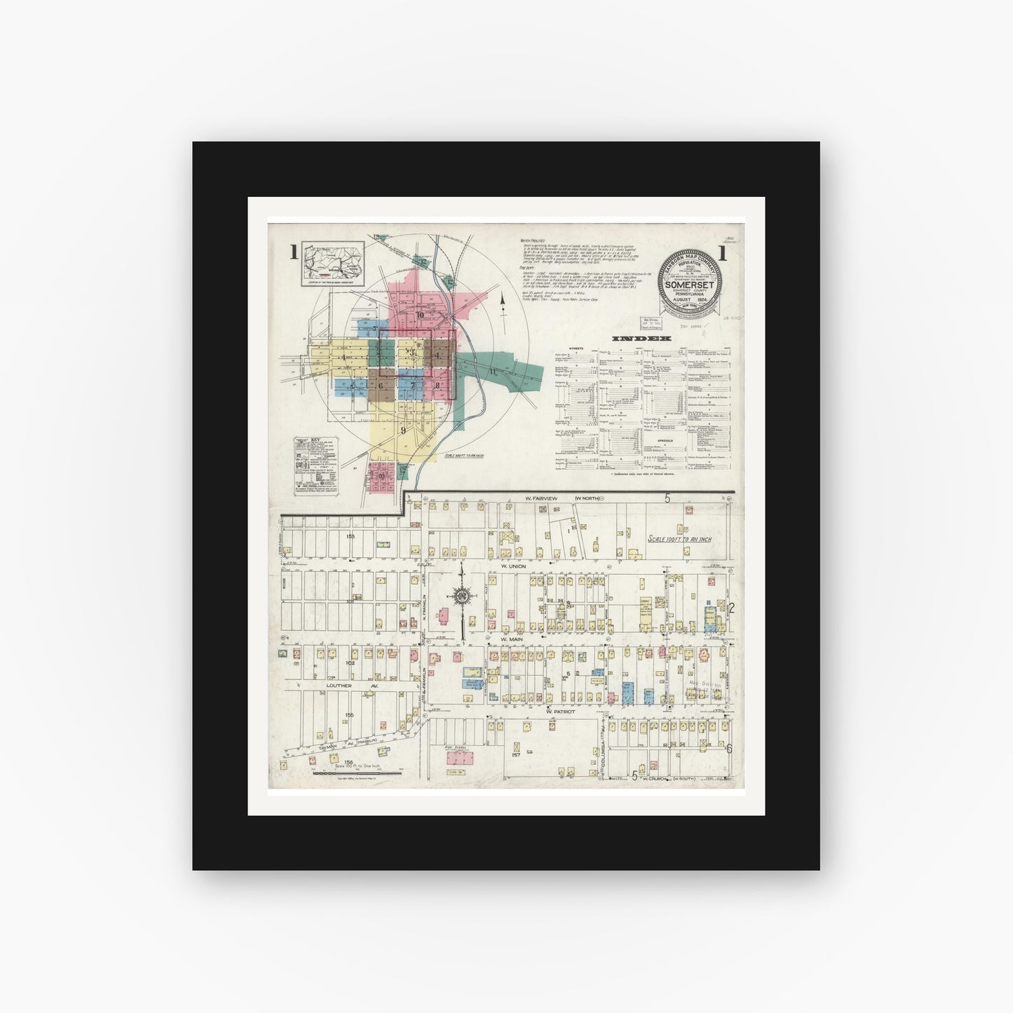 Old map wall art mockup — black gallery frame with white mat — Sanborn Fire Insurance Map from Somerset, Somerset County, Pennsylvania (1924) - Complete Map Set