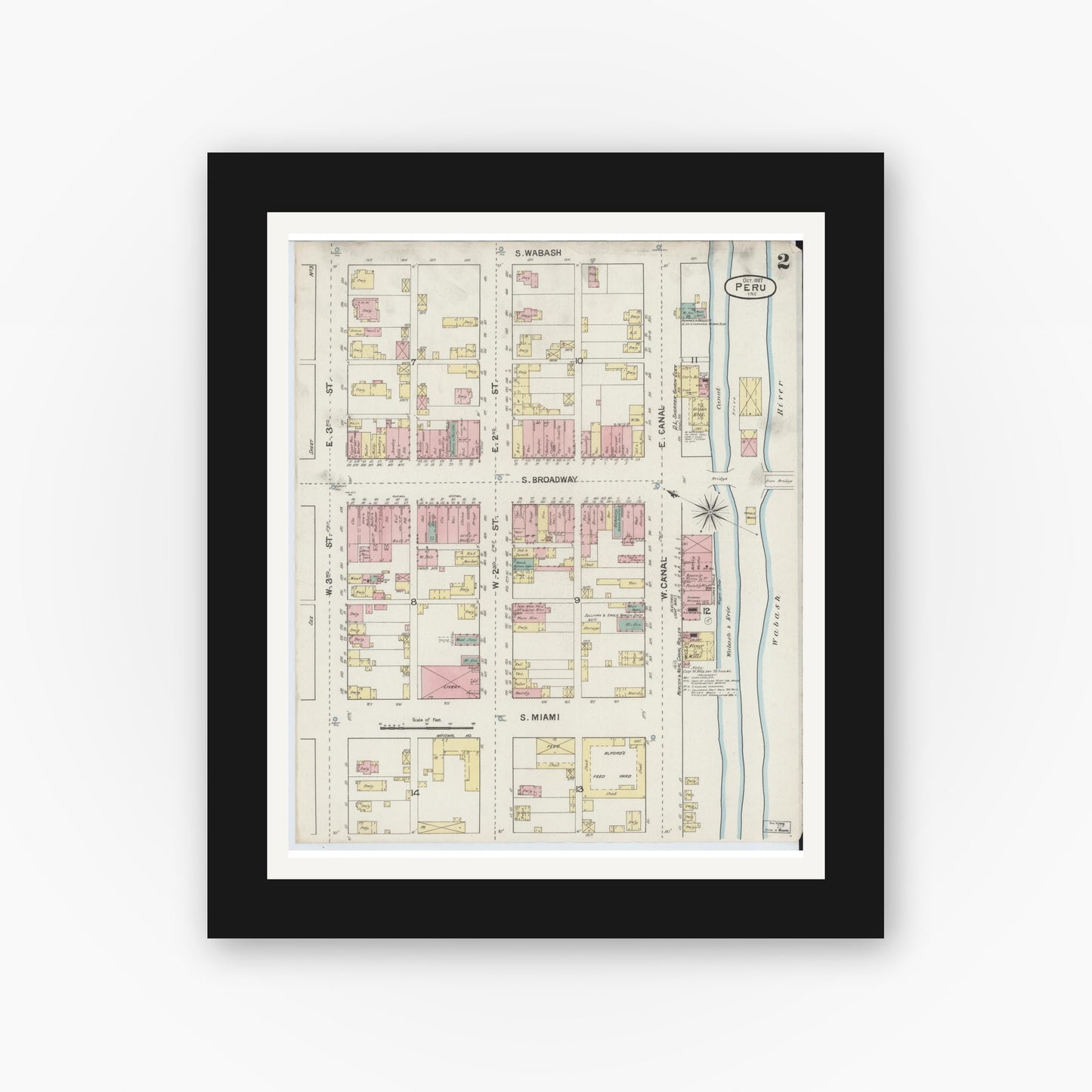 Old map wall art mockup — black gallery frame with white mat — Sanborn Fire Insurance Map from Peru, Miami County, Indiana (1887), Sheet #0002