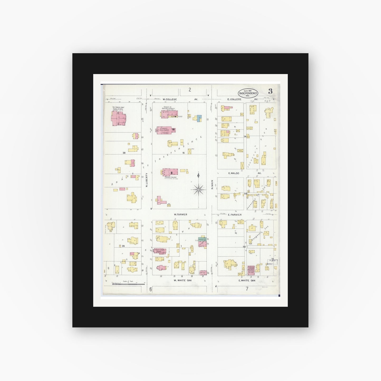 Old map wall art mockup — black gallery frame with white mat — Sanborn Fire Insurance Map from Independence, Jackson County, Missouri (1907), Sheet #0003