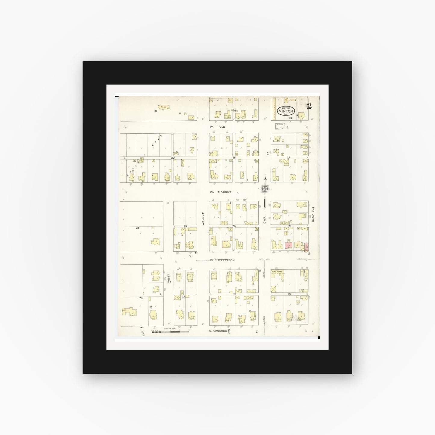 Old map wall art mockup — black gallery frame with white mat — Sanborn Fire Insurance Map from Vinton, Benton County, Iowa (1913), Sheet #0002