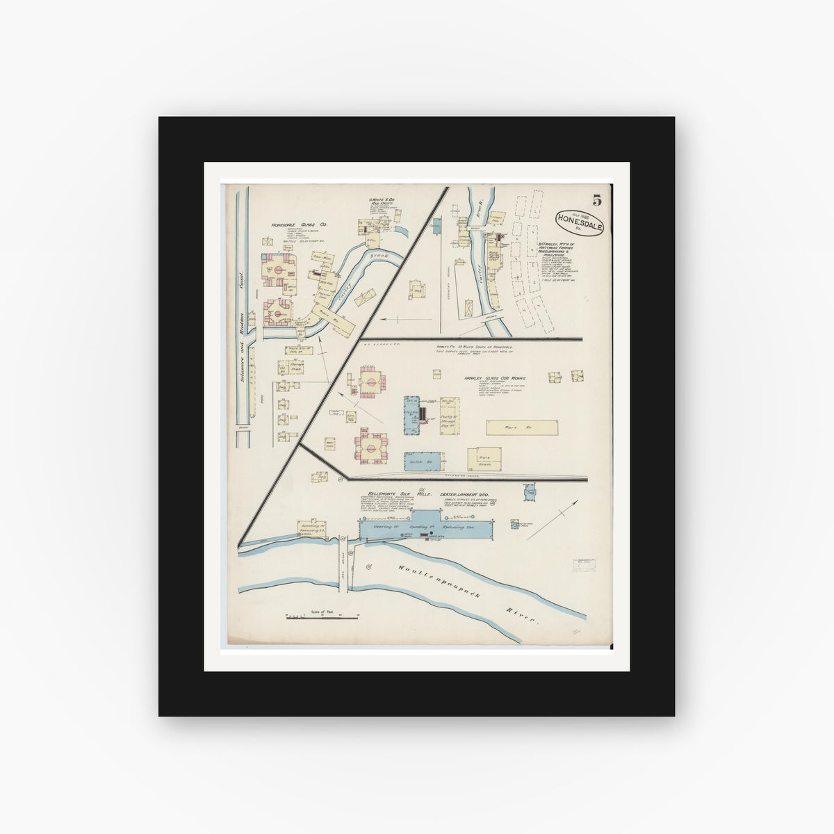 Old map wall art mockup — black gallery frame with white mat — Sanborn Fire Insurance Map from Honesdale, Wayne County, Pennsylvania (1885), Sheet #0005