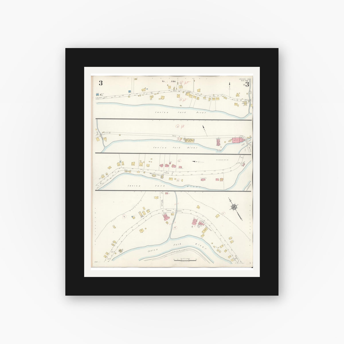 Old map wall art mockup — black gallery frame with white mat — Sanborn Fire Insurance Map from Grundy, Buchanan County, Virginia (1936), Sheet #0003