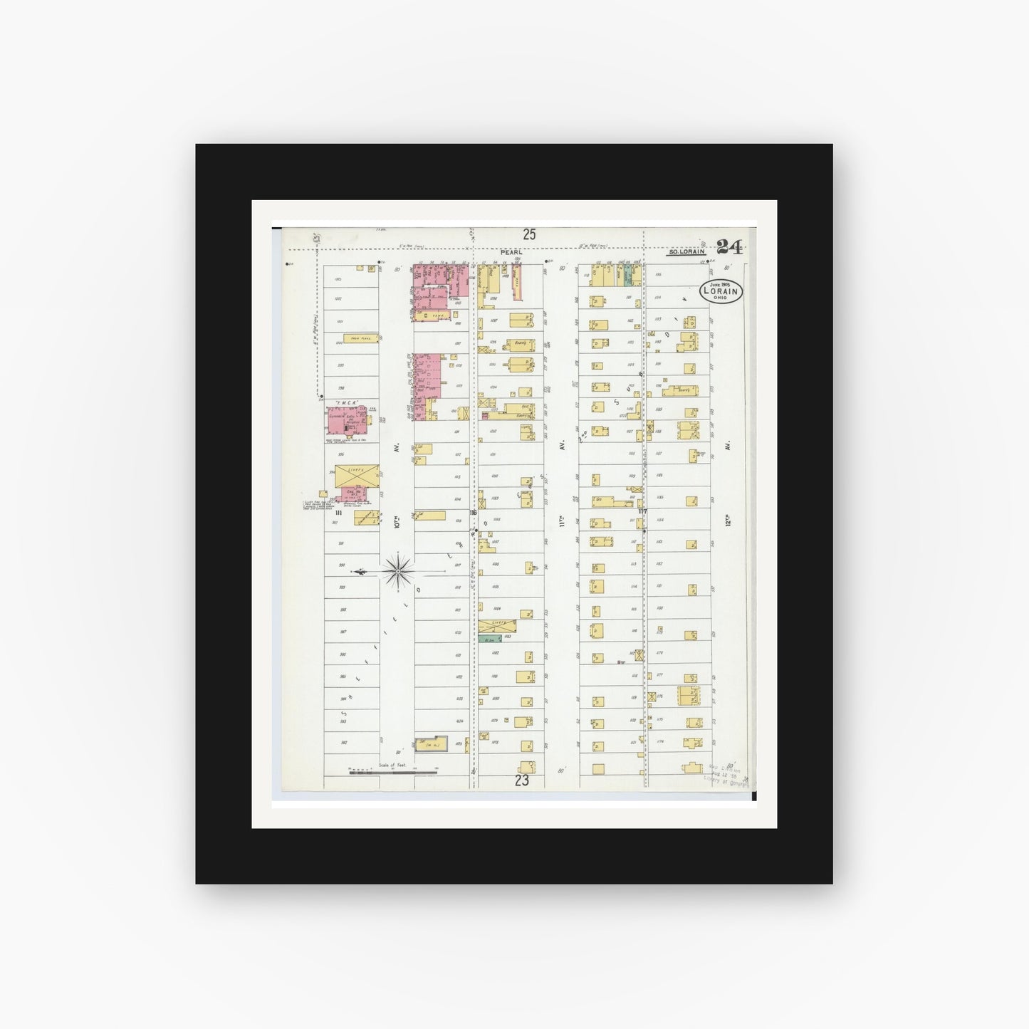 Old map wall art mockup — black gallery frame with white mat — Sanborn Fire Insurance Map from Lorain, Lorain County, Ohio (1905), Sheet #0024