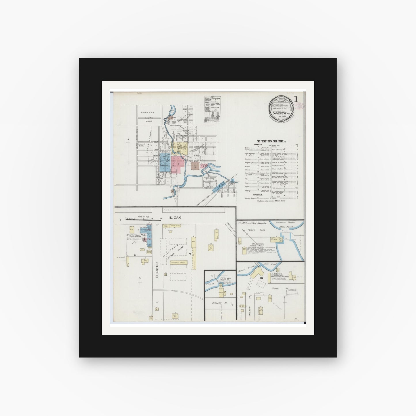 Old map wall art mockup — black gallery frame with white mat — Sanborn Fire Insurance Map from Sparta, Monroe County, Wisconsin (1889), Sheet #0001