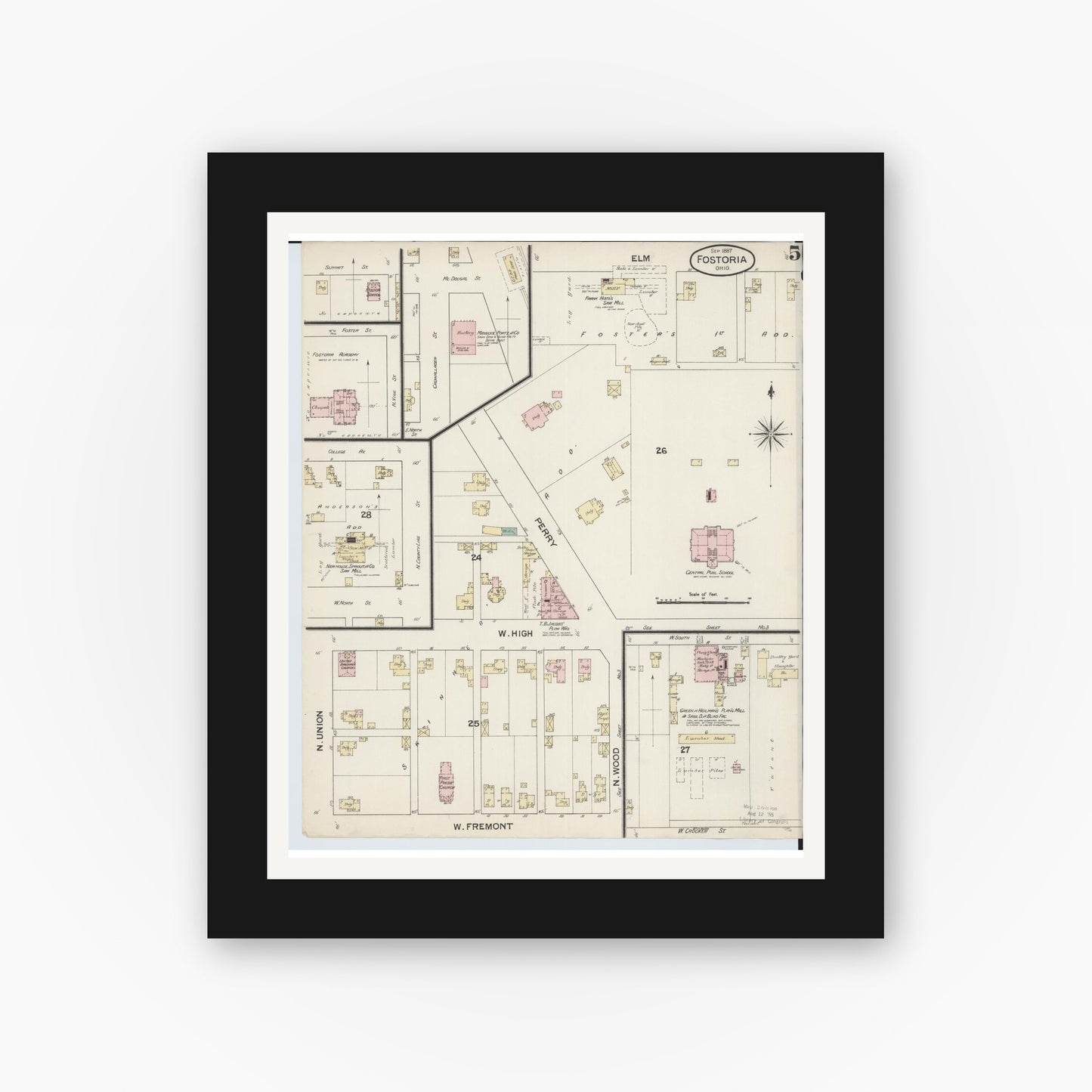 Old map wall art mockup — black gallery frame with white mat — Sanborn Fire Insurance Map from Fostoria, Seneca, Hancock, And Wood Counties, Ohio (1887), Sheet #0005