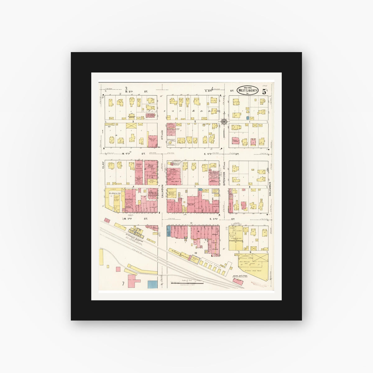 Old map wall art mockup — black gallery frame with white mat — Sanborn Fire Insurance Map from West Liberty, Muscatine County, Iowa (1922), Sheet #0005