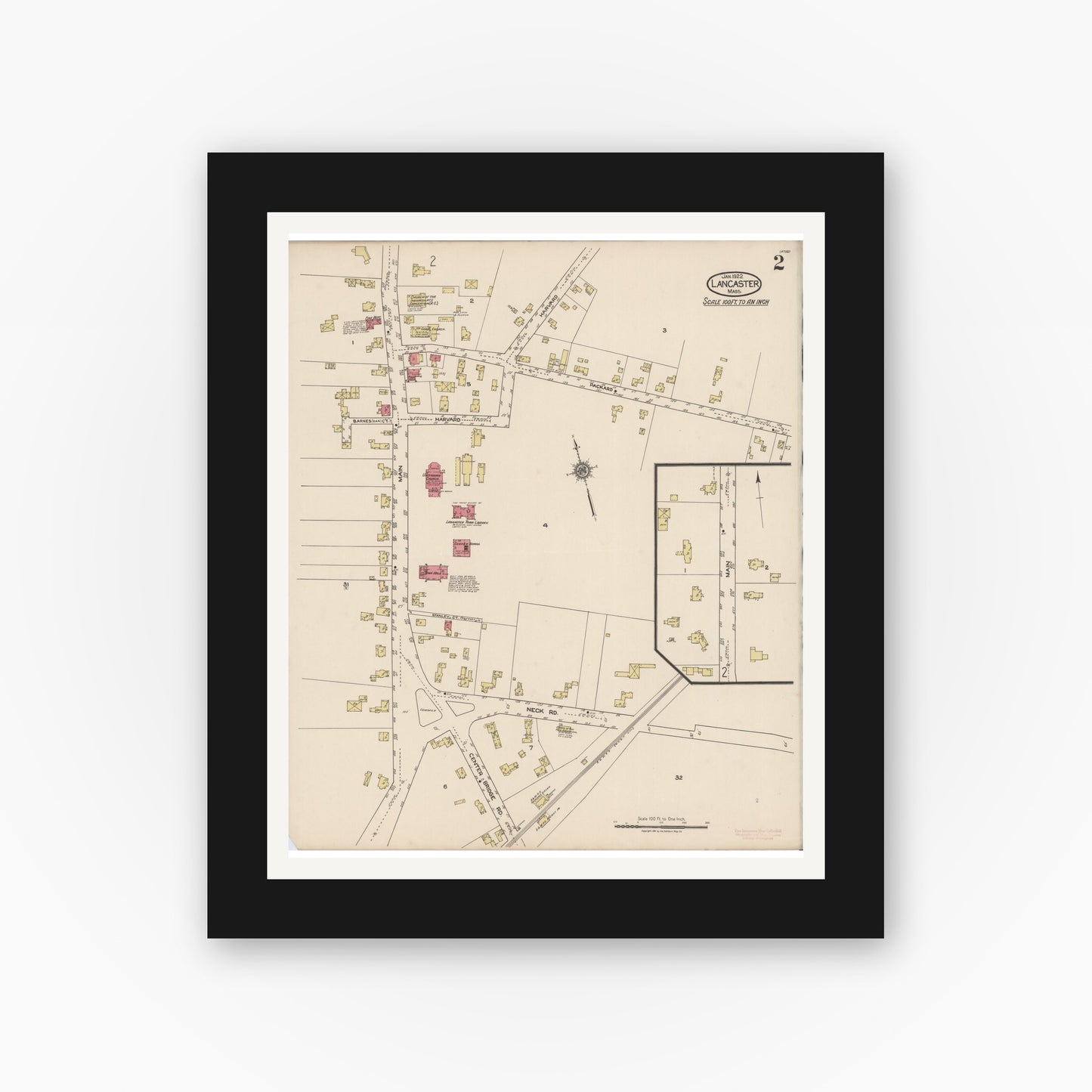 Old map wall art mockup — black gallery frame with white mat — Sanborn Fire Insurance Map from Lancaster, Worcester County, Massachusetts (1922), Sheet #0002