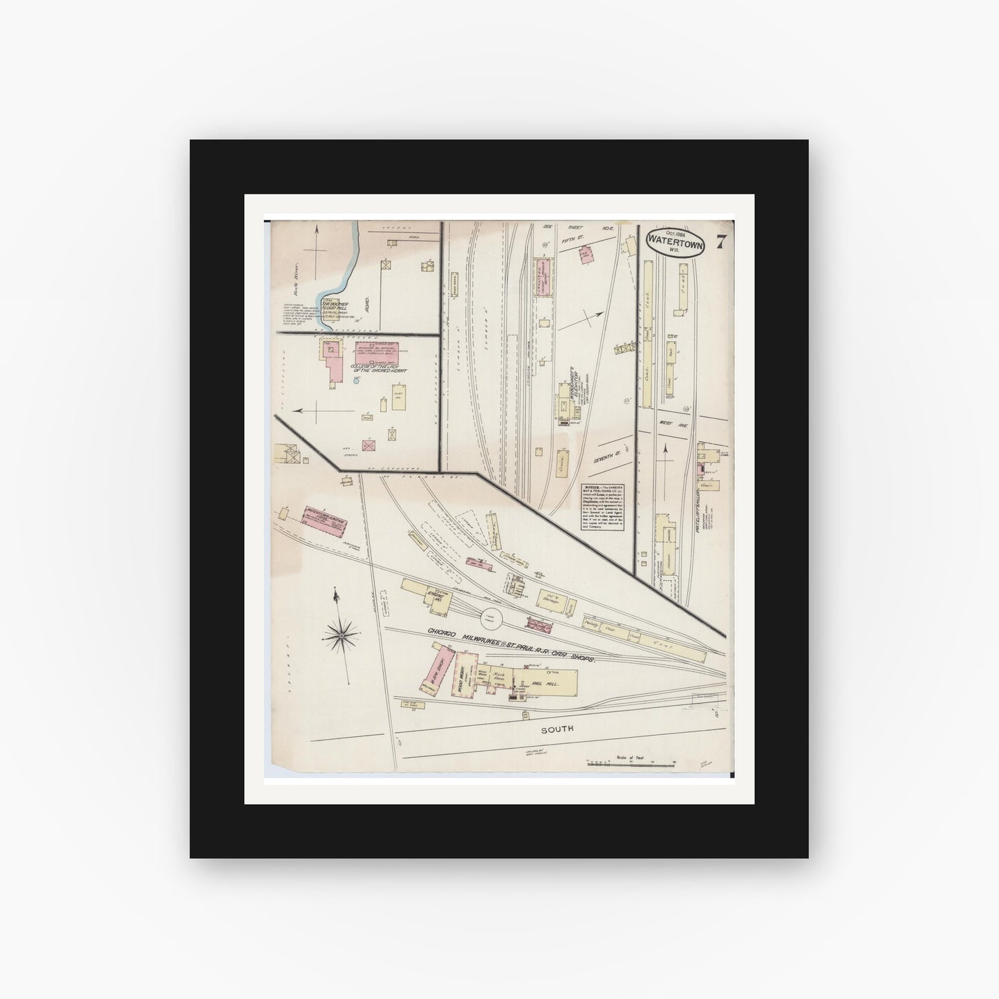 Old map wall art mockup — black gallery frame with white mat — Sanborn Fire Insurance Map from Watertown, Jefferson County, Wisconsin (1884), Sheet #0007