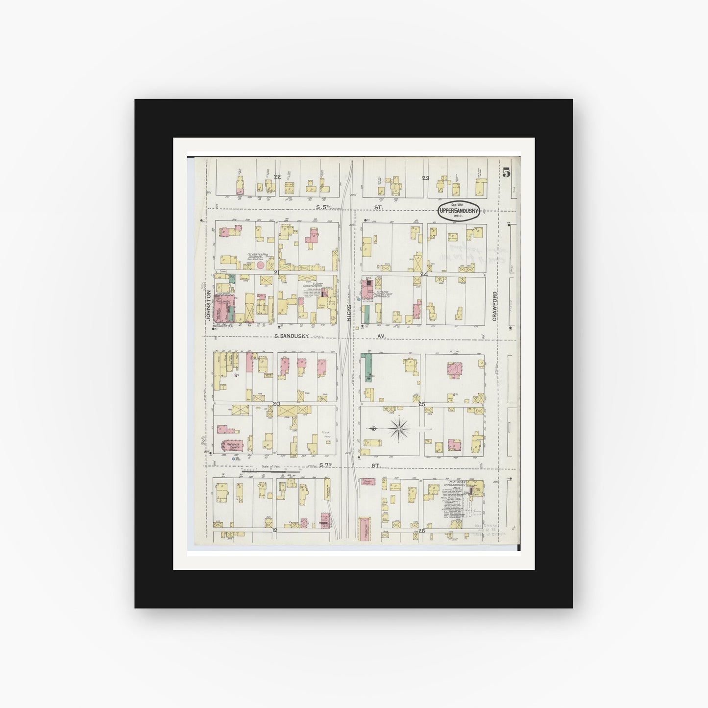 Old map wall art mockup — black gallery frame with white mat — Sanborn Fire Insurance Map from Upper Sandusky, Wyandot County, Ohio (1892), Sheet #0005