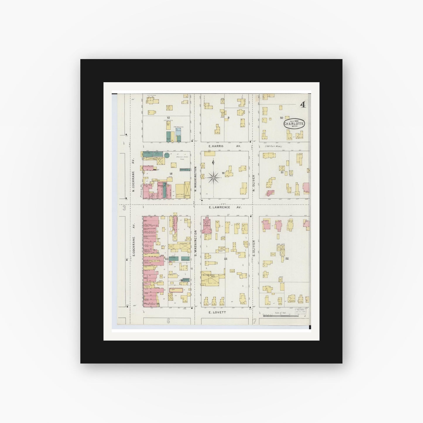 Old map wall art mockup — black gallery frame with white mat — Sanborn Fire Insurance Map from Charlotte, Eaton County, Michigan (1895), Sheet #0004
