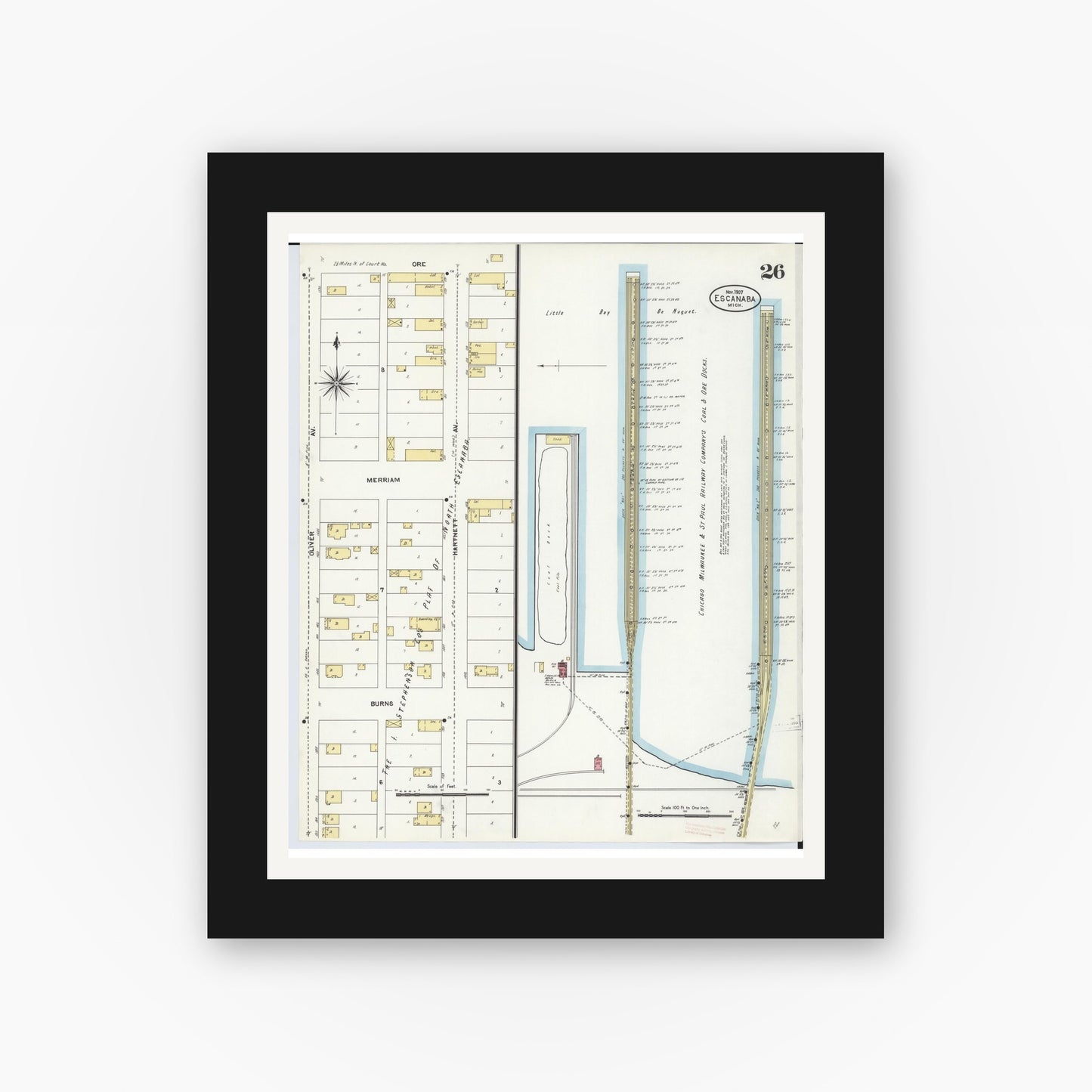 Old map wall art mockup — black gallery frame with white mat — Sanborn Fire Insurance Map from Escanaba, Delta County, Michigan (1906), Sheet #0026
