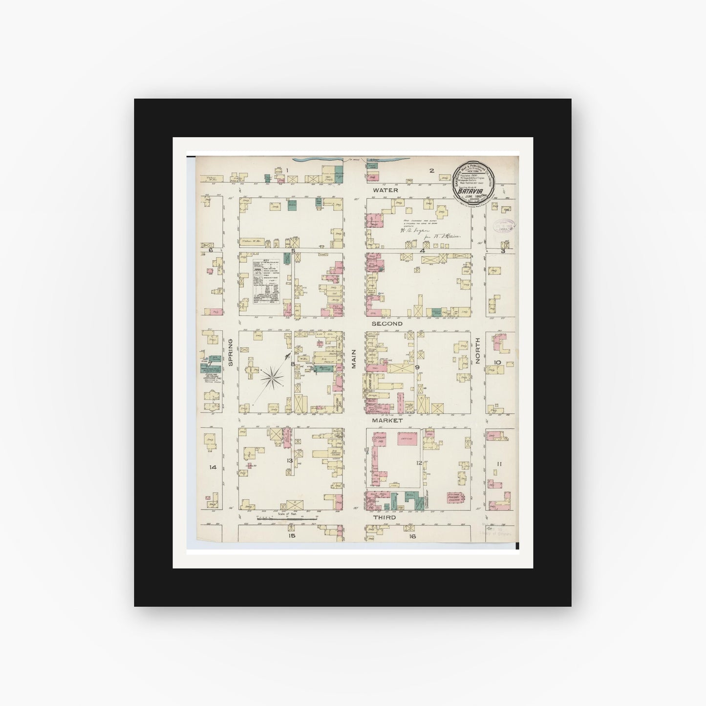 Old map wall art mockup — black gallery frame with white mat — Sanborn Fire Insurance Map from Batavia, Clermont County, Ohio (1885), Sheet #0001