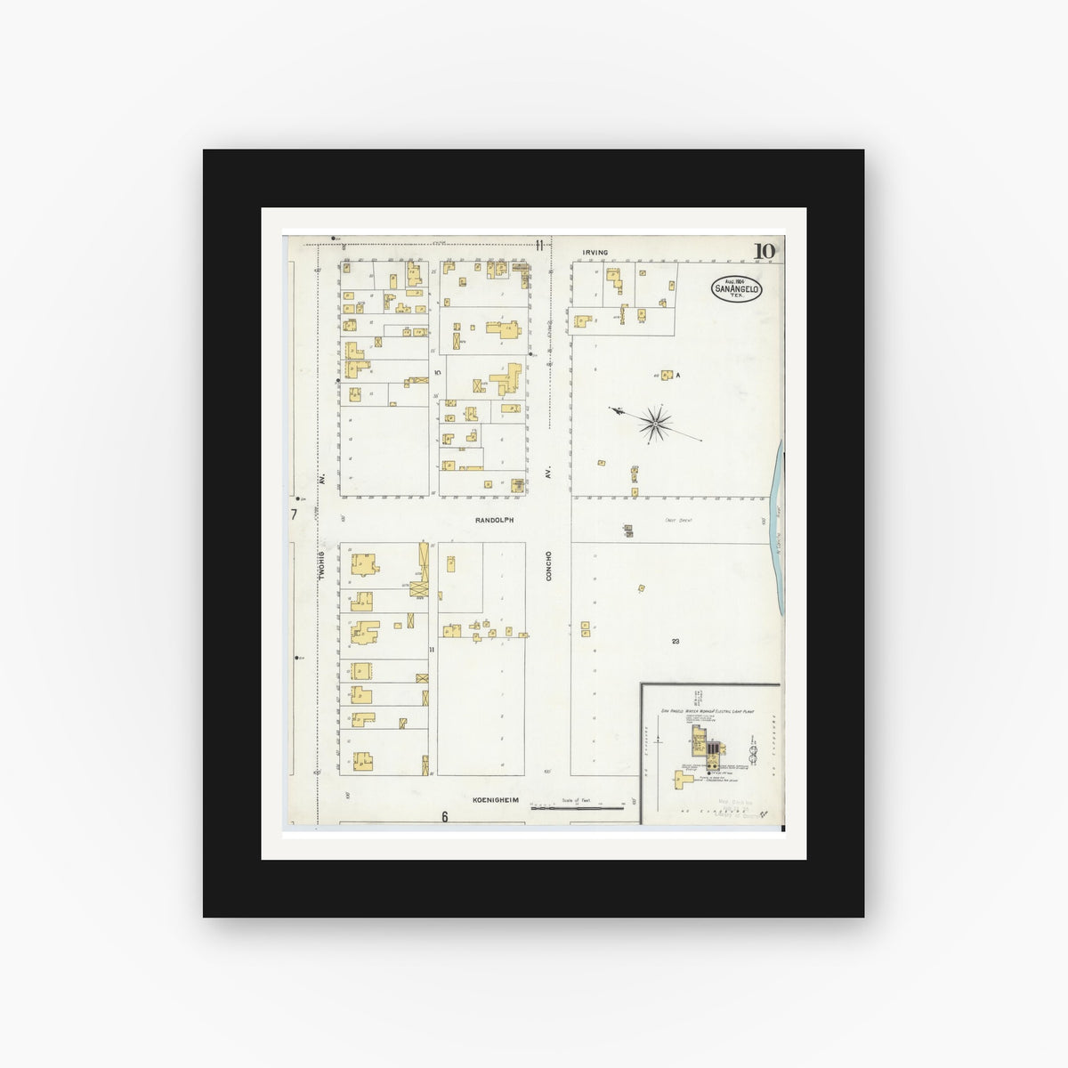Old map wall art mockup — black gallery frame with white mat — Sanborn Fire Insurance Map from San Angelo, Tom Green County, Texas (1904), Sheet #0010