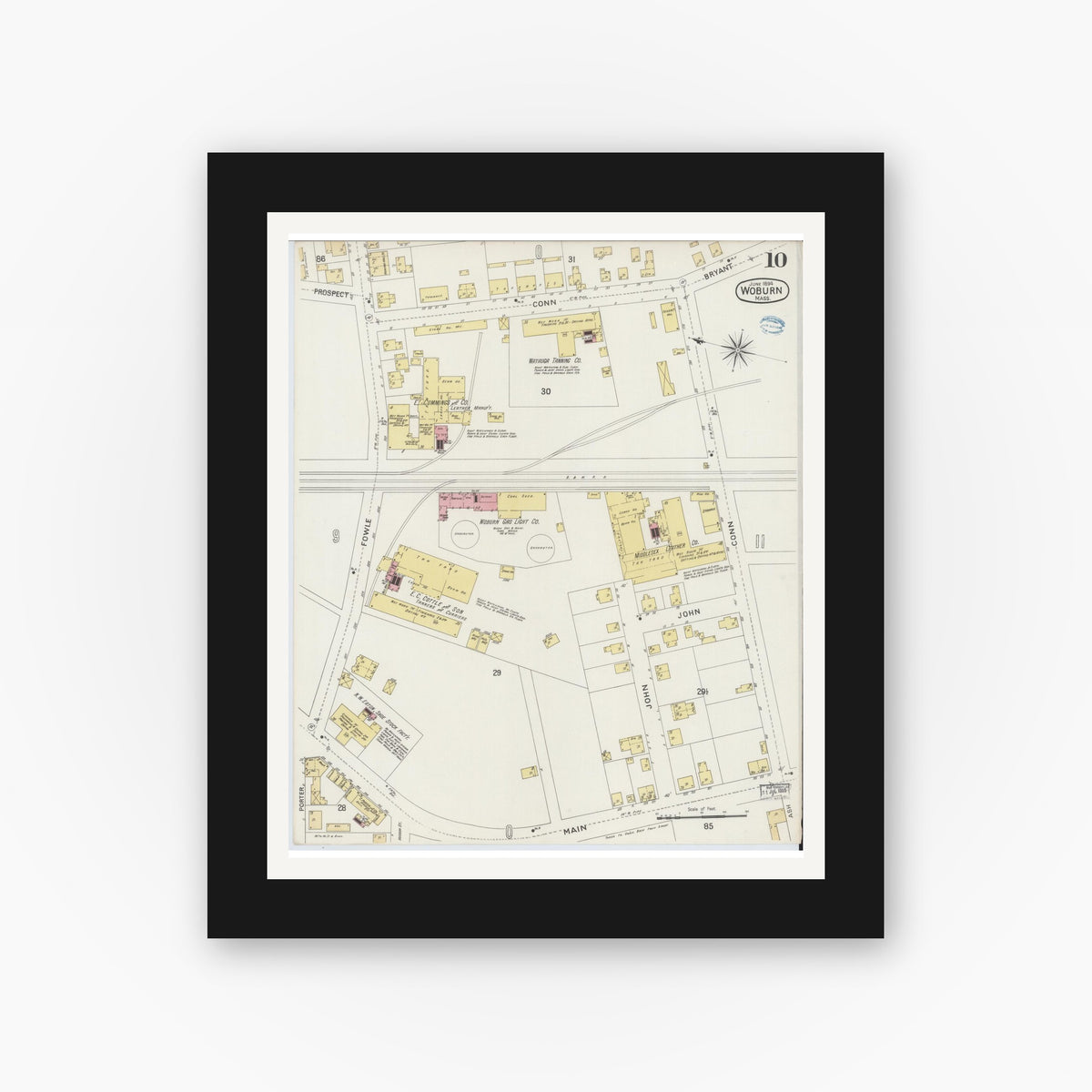 Old map wall art mockup — black gallery frame with white mat — Sanborn Fire Insurance Map from Woburn, Middlesex County, Massachusetts (1894), Sheet #0010
