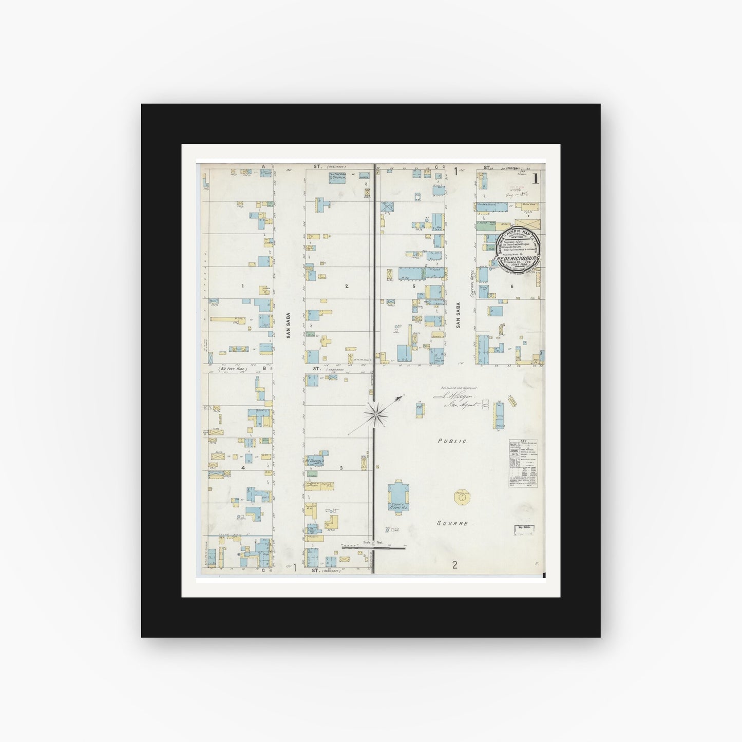 Old map wall art mockup — black gallery frame with white mat — Sanborn Fire Insurance Map from Fredericksburg, Gillespie County, Texas (1896) - Complete Map Set