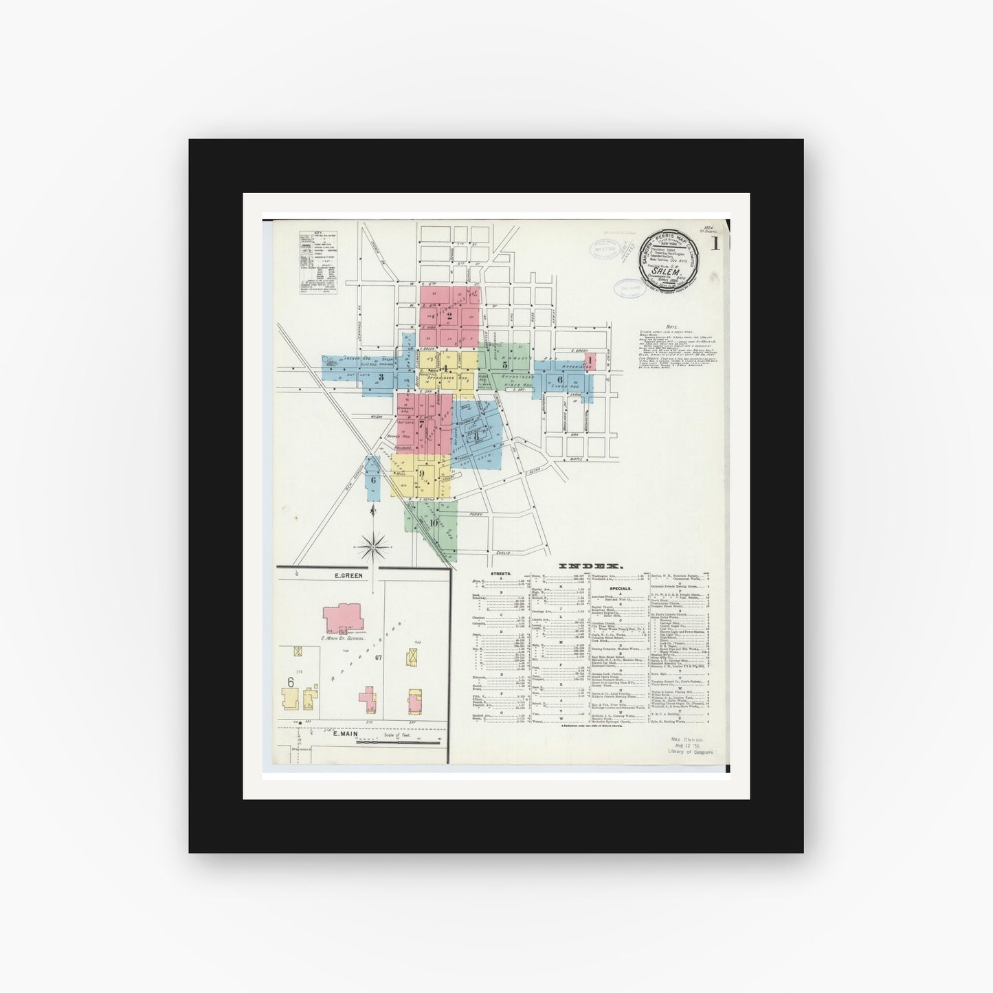 Old map wall art mockup — black gallery frame with white mat — Sanborn Fire Insurance Map from Salem, Columbiana County, Ohio (1898) - Complete Map Set