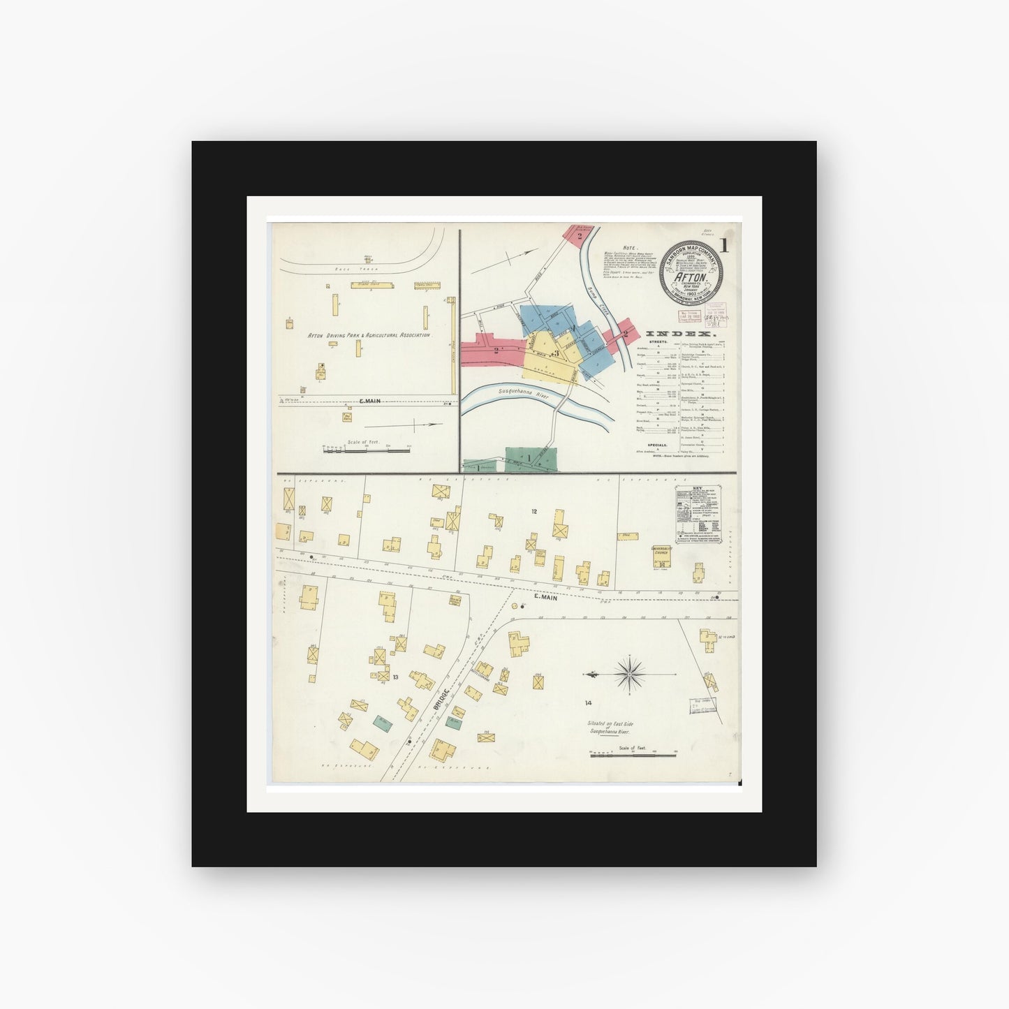 Old map wall art mockup — black gallery frame with white mat — Sanborn Fire Insurance Map from Afton, Chenango County, New York (1903) - Complete Map Set
