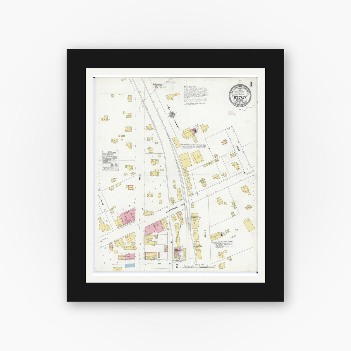 Old map wall art mockup — black gallery frame with white mat — Sanborn Fire Insurance Map from Westby, Vernon County, Wisconsin (1911), Sheet #0001