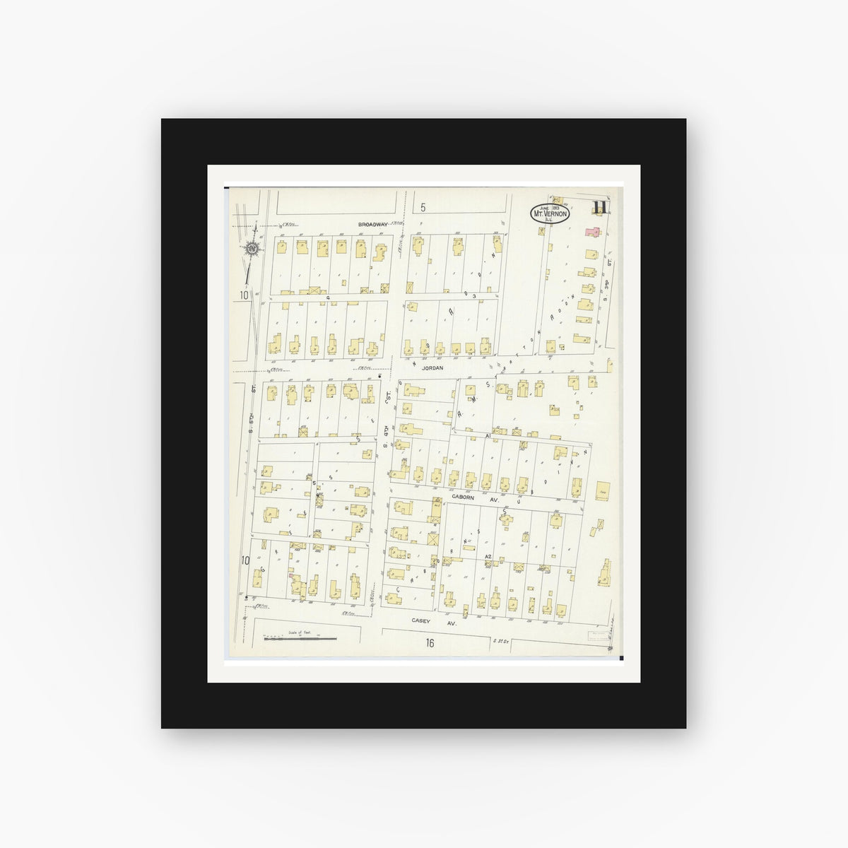 Old map wall art mockup — black gallery frame with white mat — Sanborn Fire Insurance Map from Mount Vernon, Jefferson County, Illinois (1913), Sheet #0011
