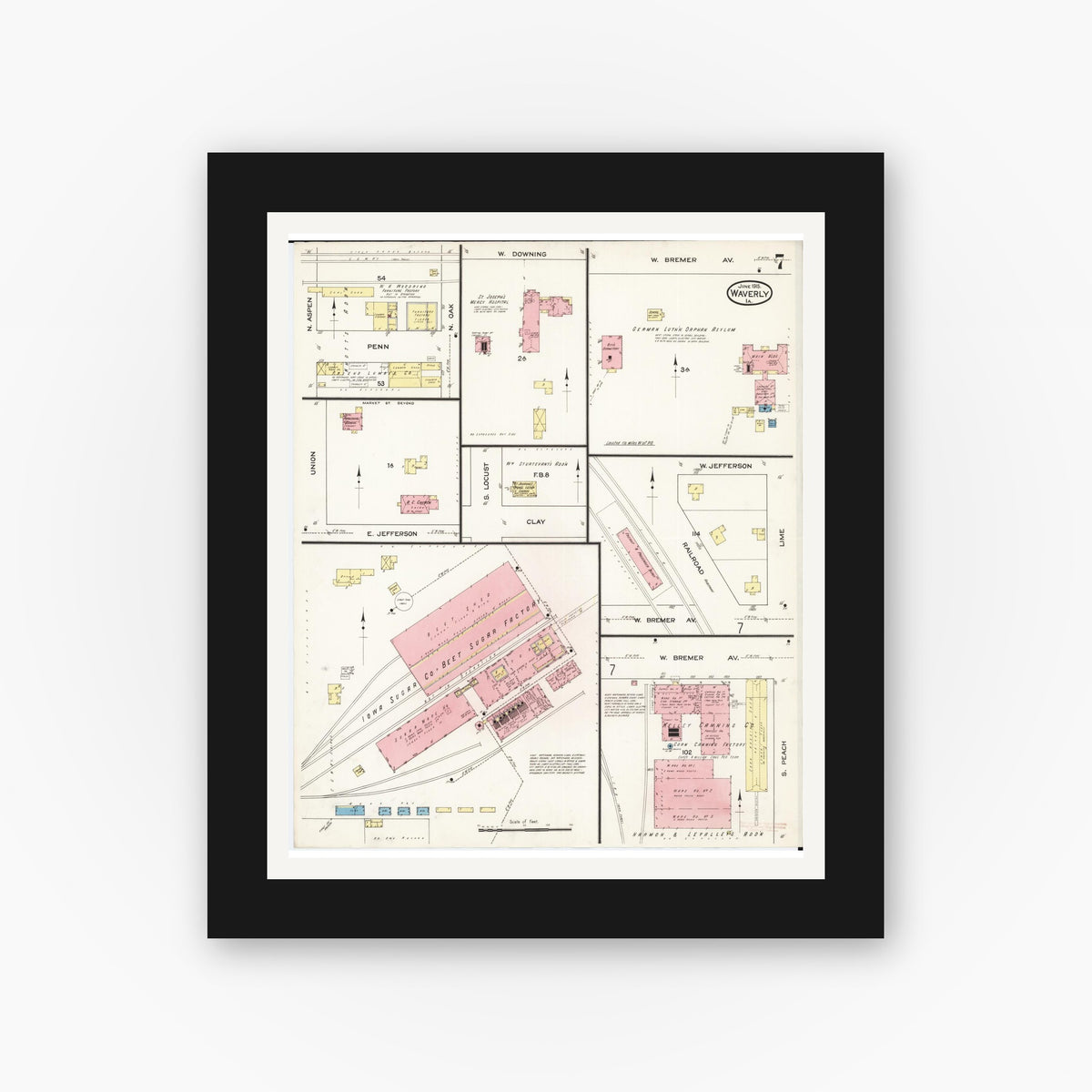 Old map wall art mockup — black gallery frame with white mat — Sanborn Fire Insurance Map from Waverly, Bremer County, Iowa (1915), Sheet #0007