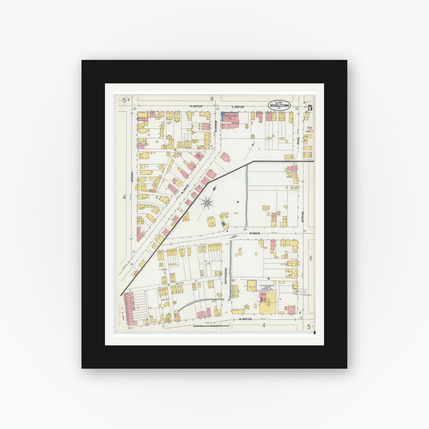 Old map wall art mockup — black gallery frame with white mat — Sanborn Fire Insurance Map from Middletown, Dauphin County, Pennsylvania (1902), Sheet #0005