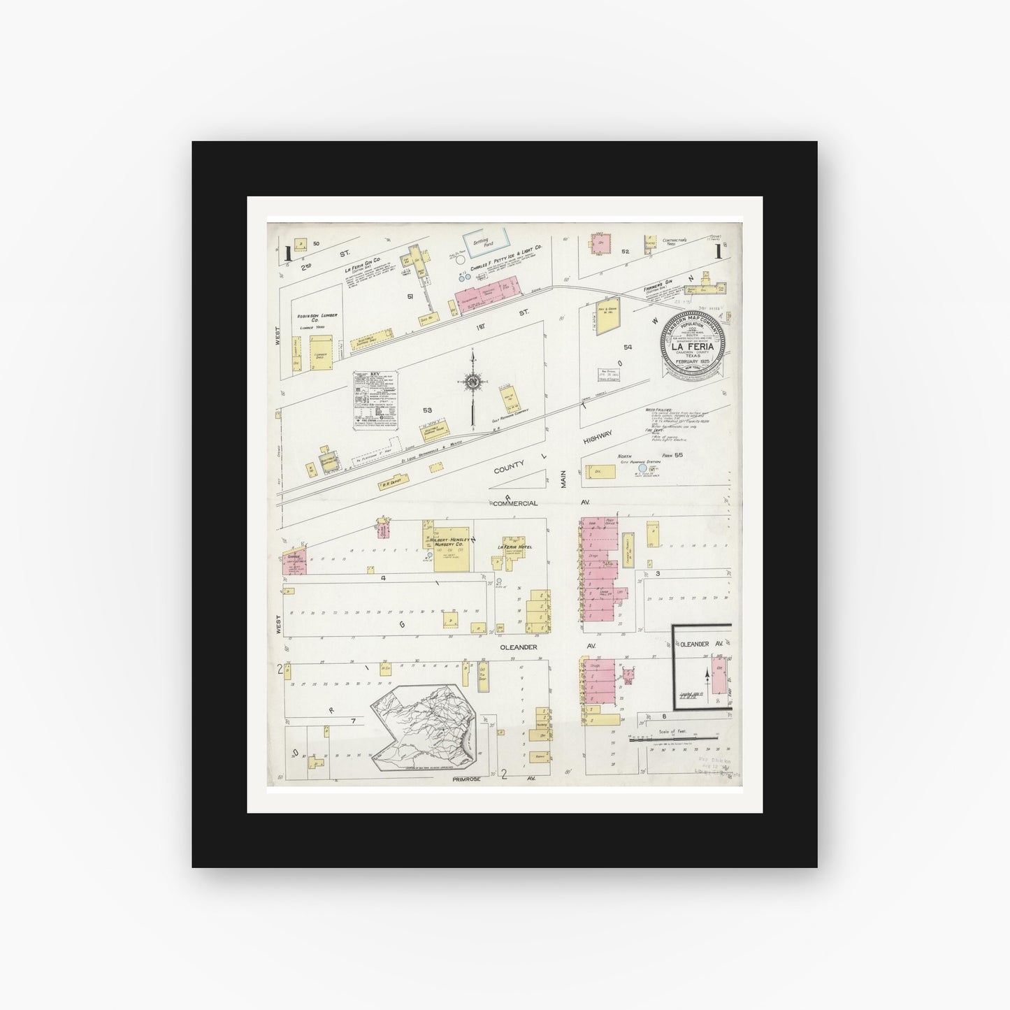 Old map wall art mockup — black gallery frame with white mat — Sanborn Fire Insurance Map from La Feria, Cameron County, Texas (1925), Sheet #0001