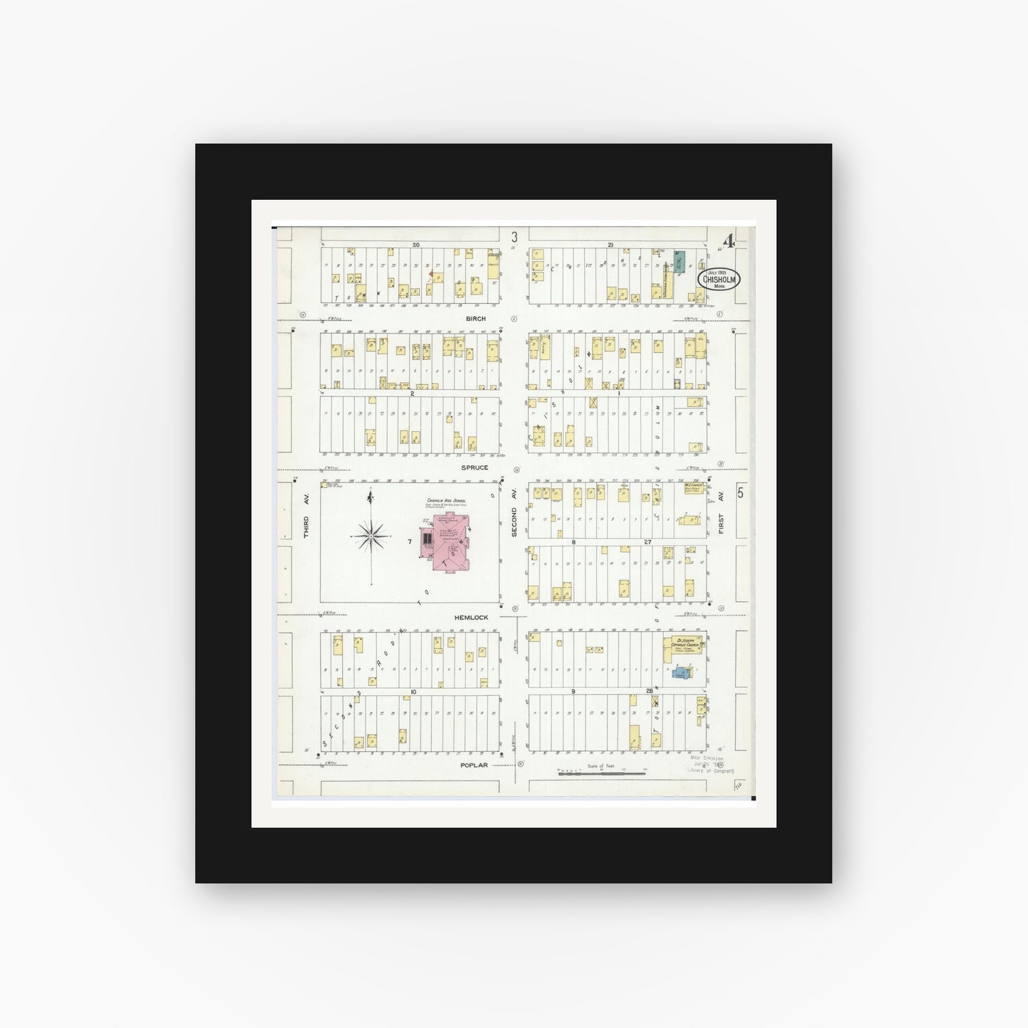 Old map wall art mockup — black gallery frame with white mat — Sanborn Fire Insurance Map from Chisholm, Saint Louis County, Minnesota (1909), Sheet #0004