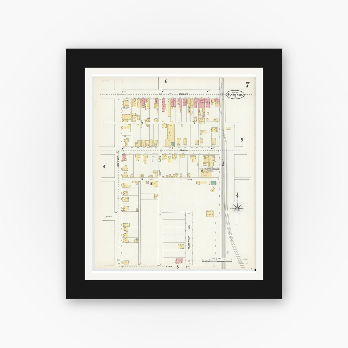 Old map wall art mockup — black gallery frame with white mat — Sanborn Fire Insurance Map from Blairsville, Indiana County, Pennsylvania (1903), Sheet #0007
