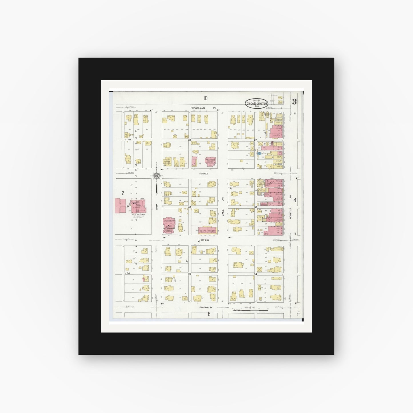 Old map wall art mockup — black gallery frame with white mat — Sanborn Fire Insurance Map from Chicago Junction, Huron County, Ohio (1911), Sheet #0003