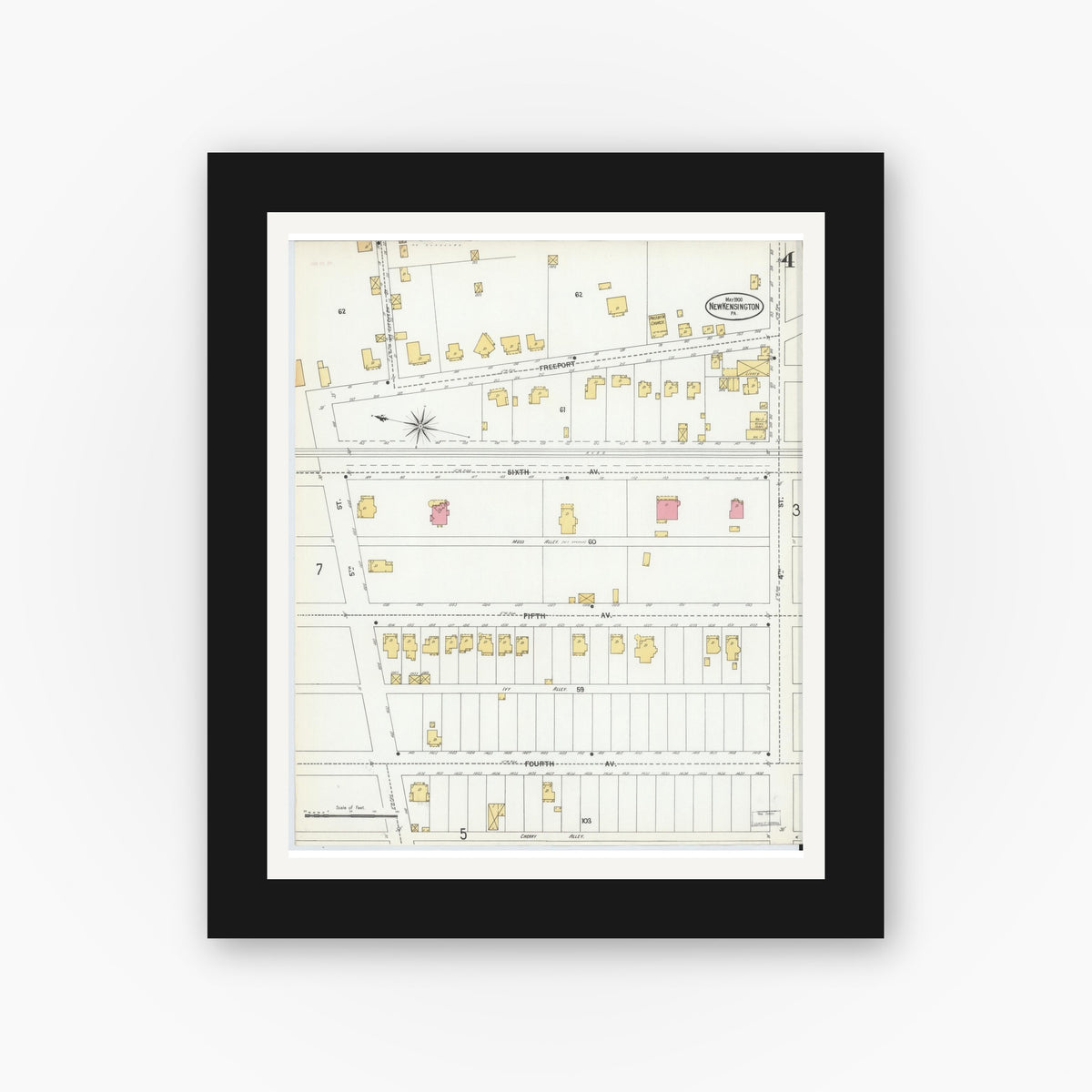 Old map wall art mockup — black gallery frame with white mat — Sanborn Fire Insurance Map from New Kensington, Westmoreland County, Pennsylvania (1900), Sheet #0004