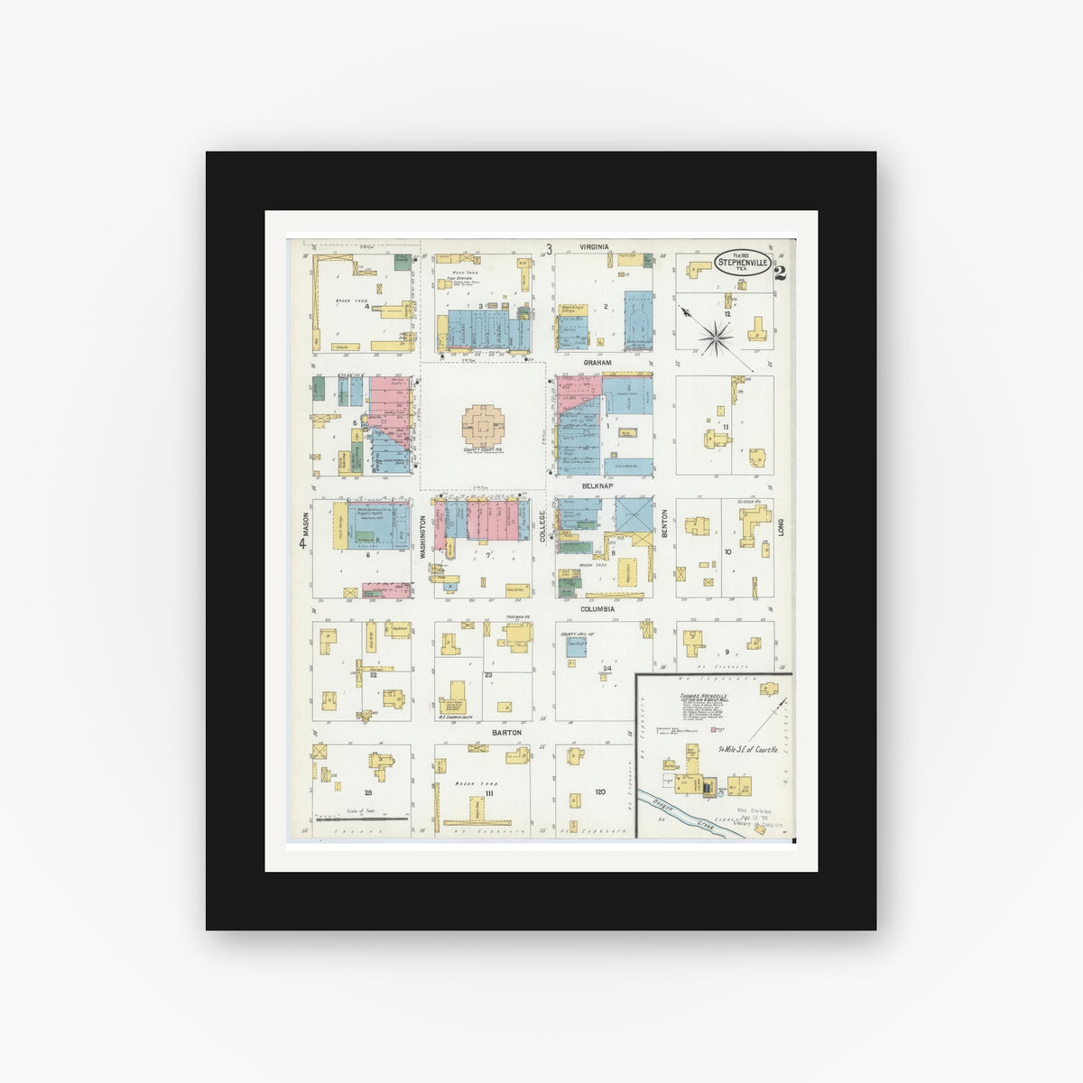 Old map wall art mockup — black gallery frame with white mat — Sanborn Fire Insurance Map from Stephenville, Erath County, Texas (1902), Sheet #0002