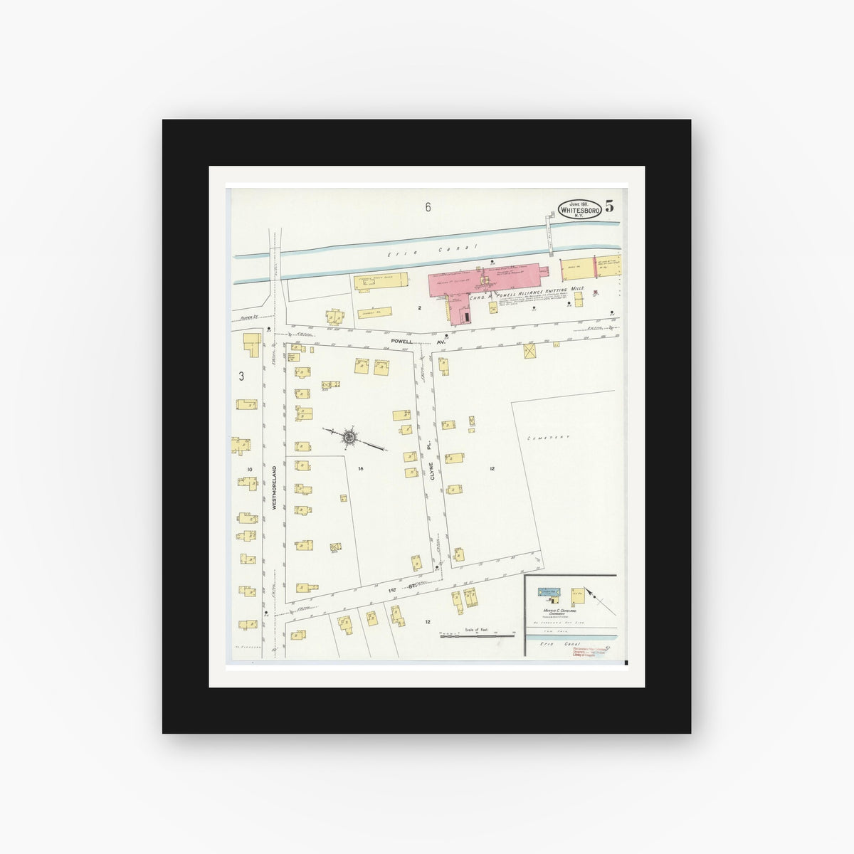 Old map wall art mockup — black gallery frame with white mat — Sanborn Fire Insurance Map from Whitesboro, Oneida County, New York (1911), Sheet #0005
