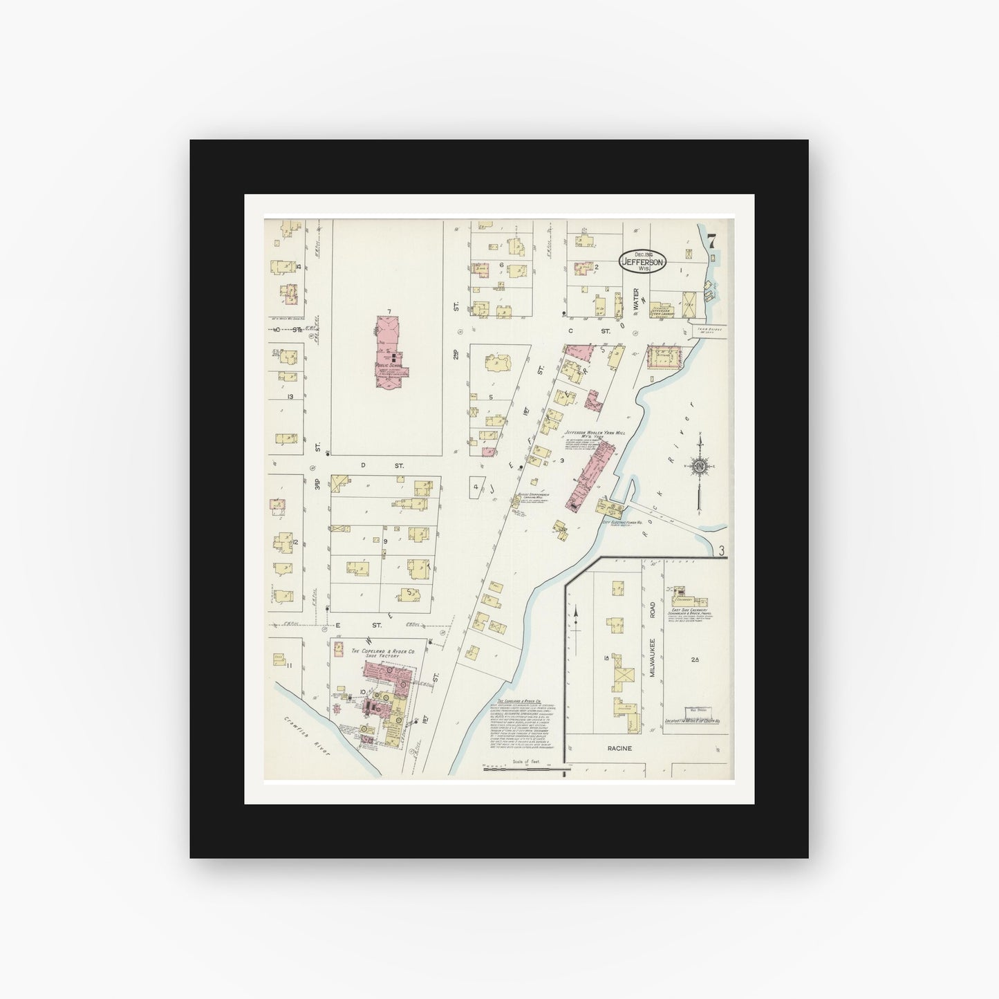 Old map wall art mockup — black gallery frame with white mat — Sanborn Fire Insurance Map from Jefferson, Jefferson County, Wisconsin (1914), Sheet #0007