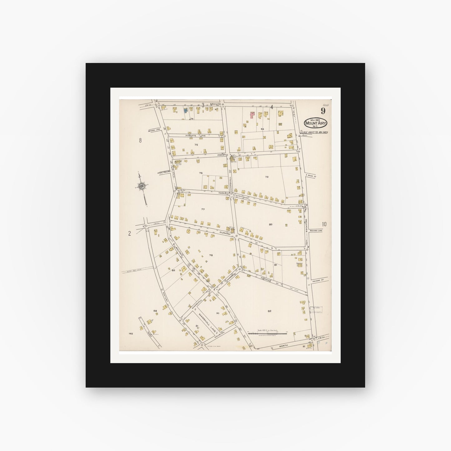 Old map wall art mockup — black gallery frame with white mat — Sanborn Fire Insurance Map from Mount Airy, Surry County, North Carolina (1922), Sheet #0009