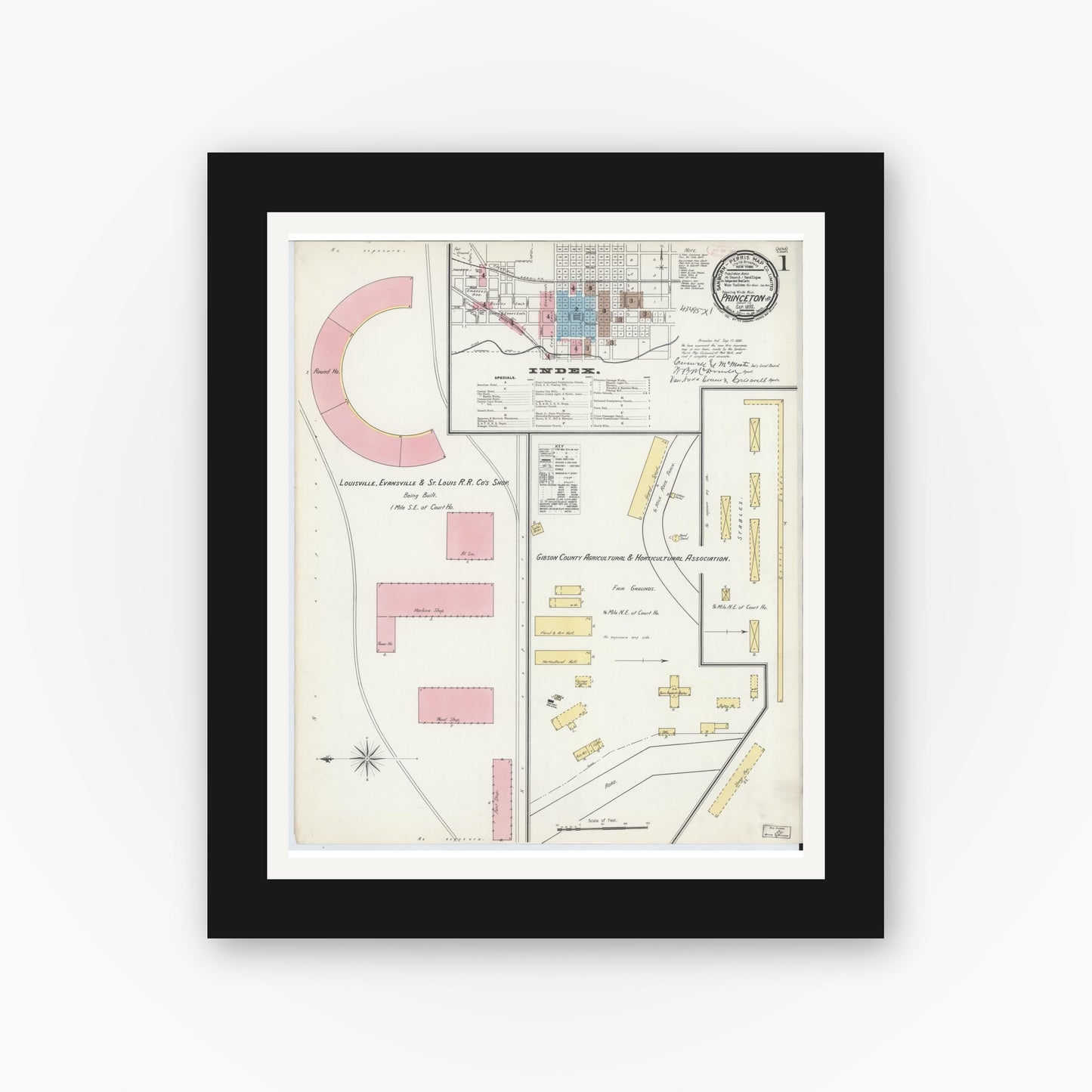 Old map wall art mockup — black gallery frame with white mat — Sanborn Fire Insurance Map from Princeton, Gibson County, Indiana (1892) - Complete Map Set