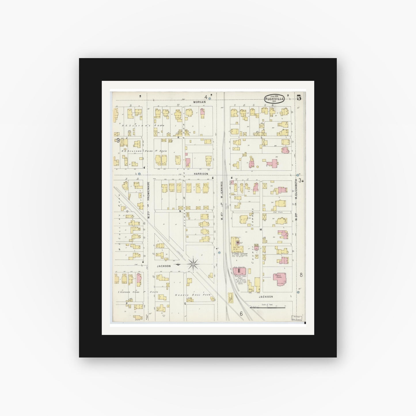 Old map wall art mockup — black gallery frame with white mat — Sanborn Fire Insurance Map from Rushville, Rush County, Indiana (1896), Sheet #0005
