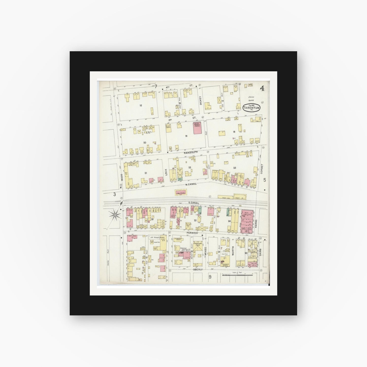 Old map wall art mockup — black gallery frame with white mat — Sanborn Fire Insurance Map from Tarentum, Allegheny County, Pennsylvania (1897), Sheet #0004